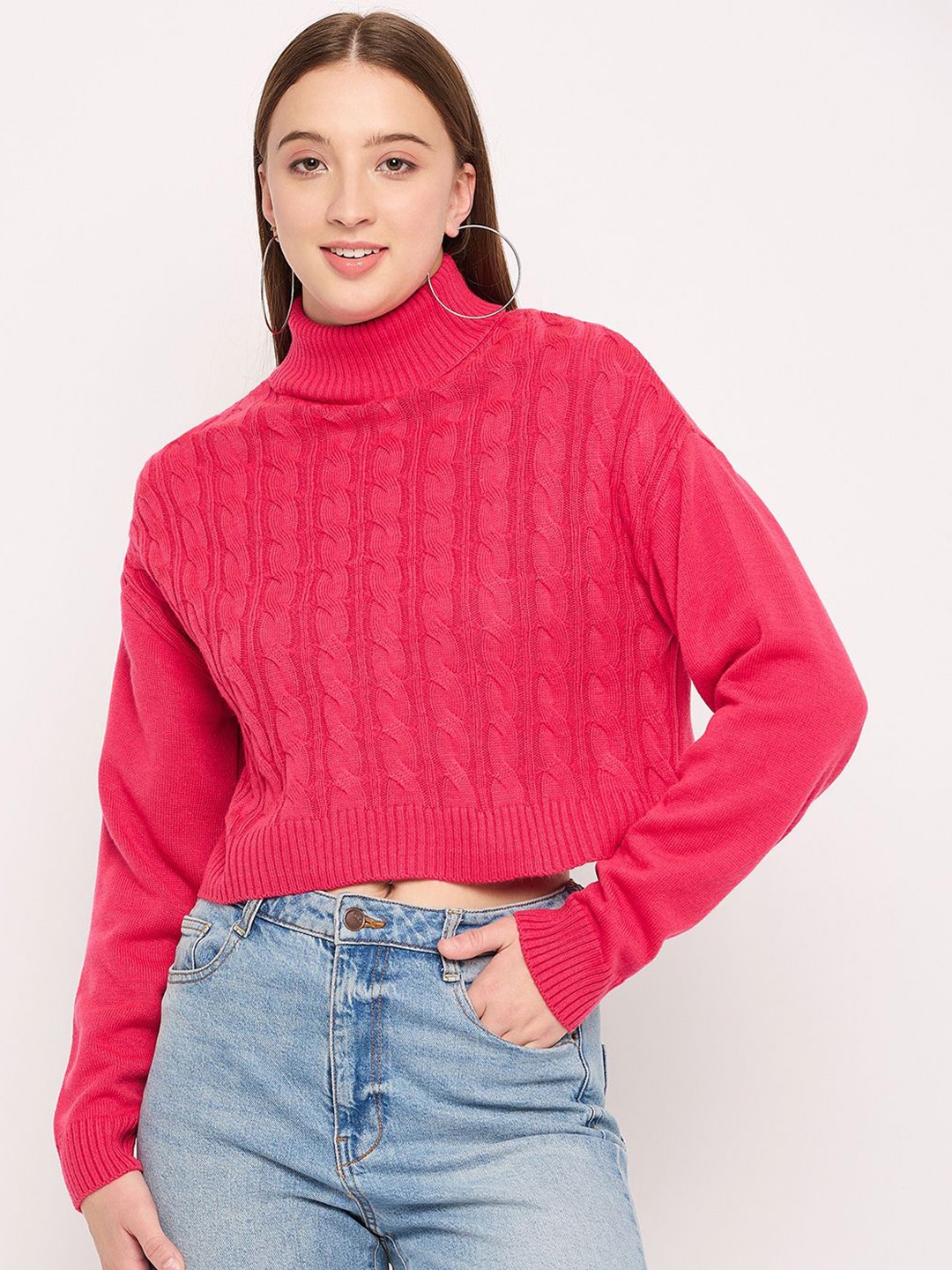 

GABBLE & WOLSH Women Cable Knit Crop Pullover Sweaters, Magenta