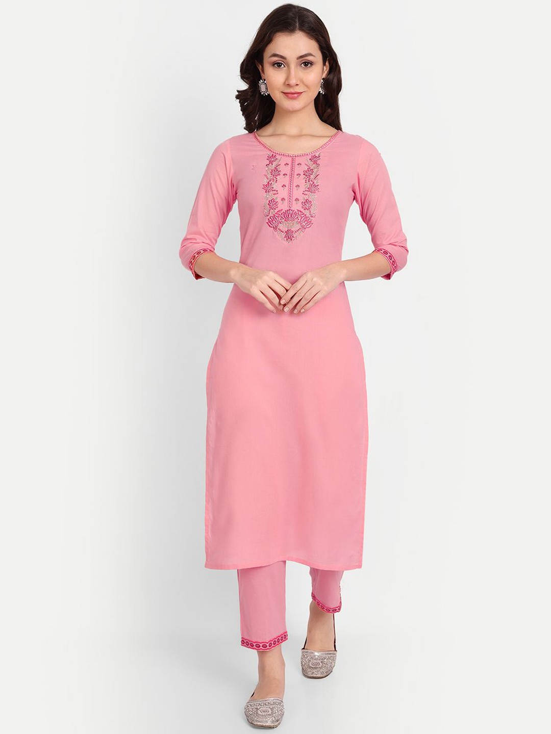 

Brownverse Floral Embroidered Regular Cotton Straight Kurta with Trousers, Pink