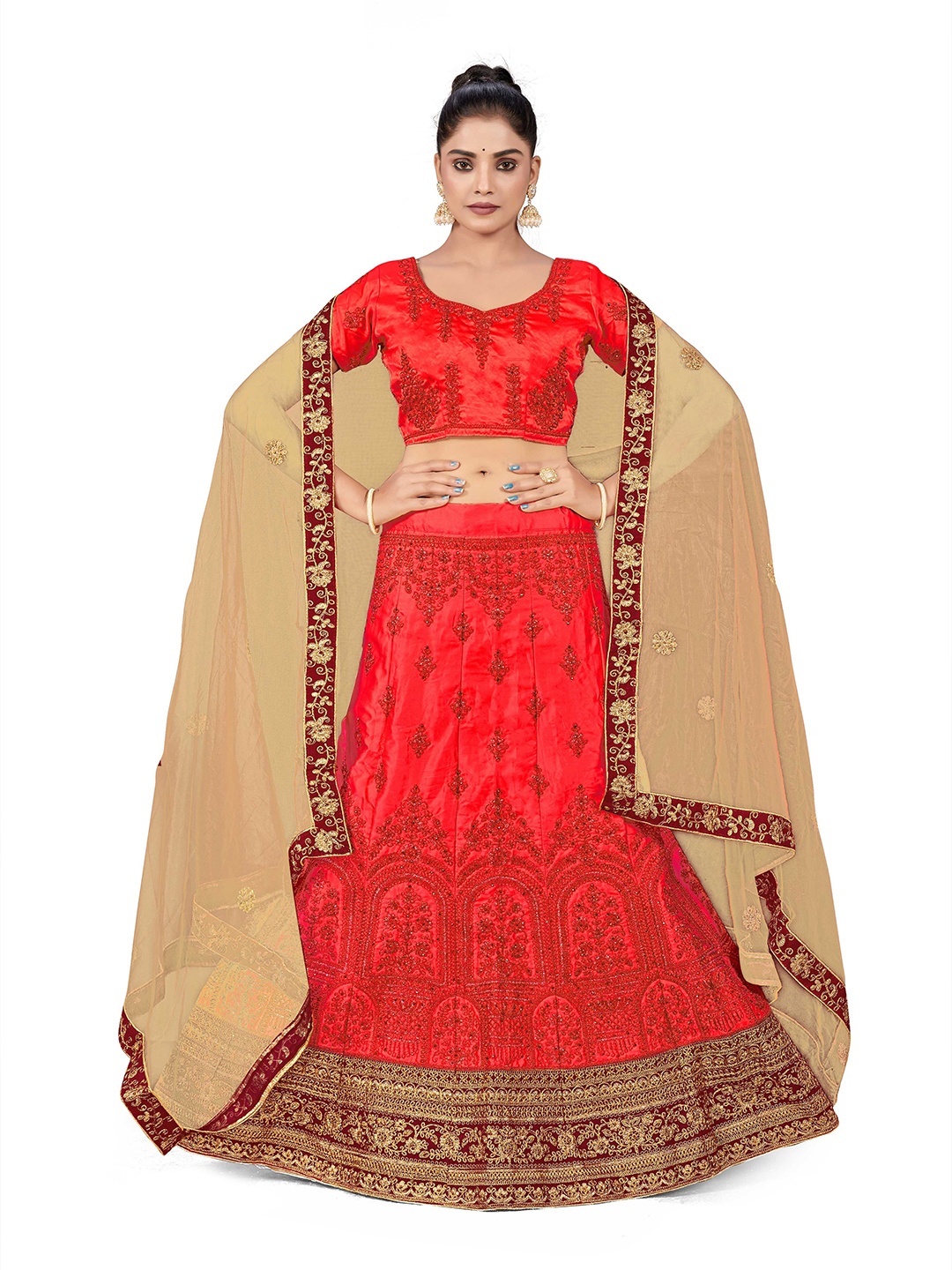 

Maroosh Embellished Thread Work Satin Unstitched Lehenga & Blouse With Dupatta, Rust