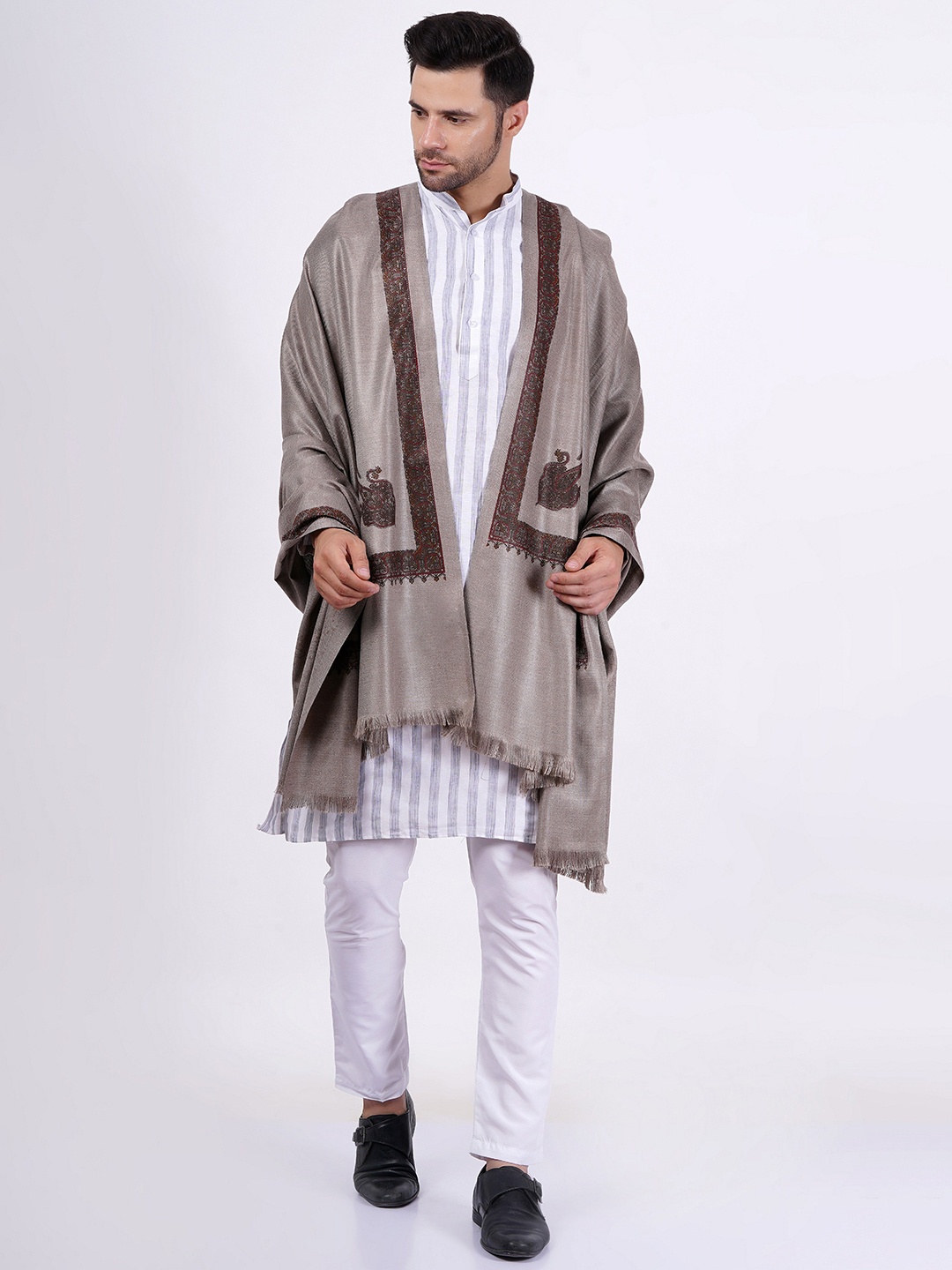 

Vrinde Men Ethnic Motifs Woven Design Wool Shawl, Grey