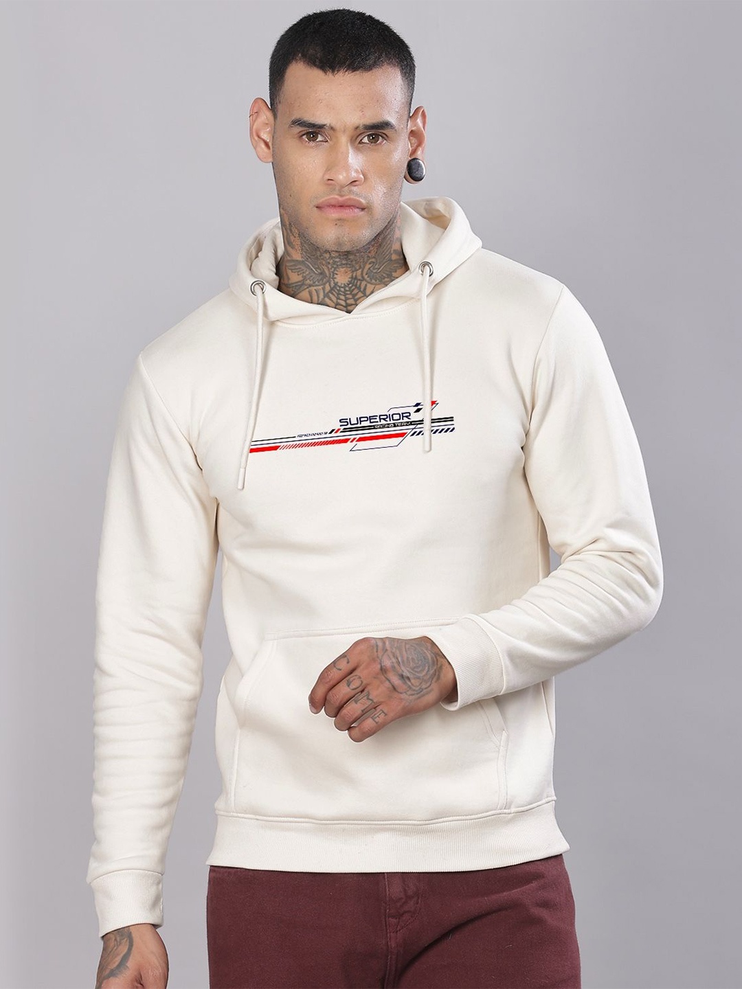 

ADRO Men Graphic Printed Hooded Sweatshirt, Off white