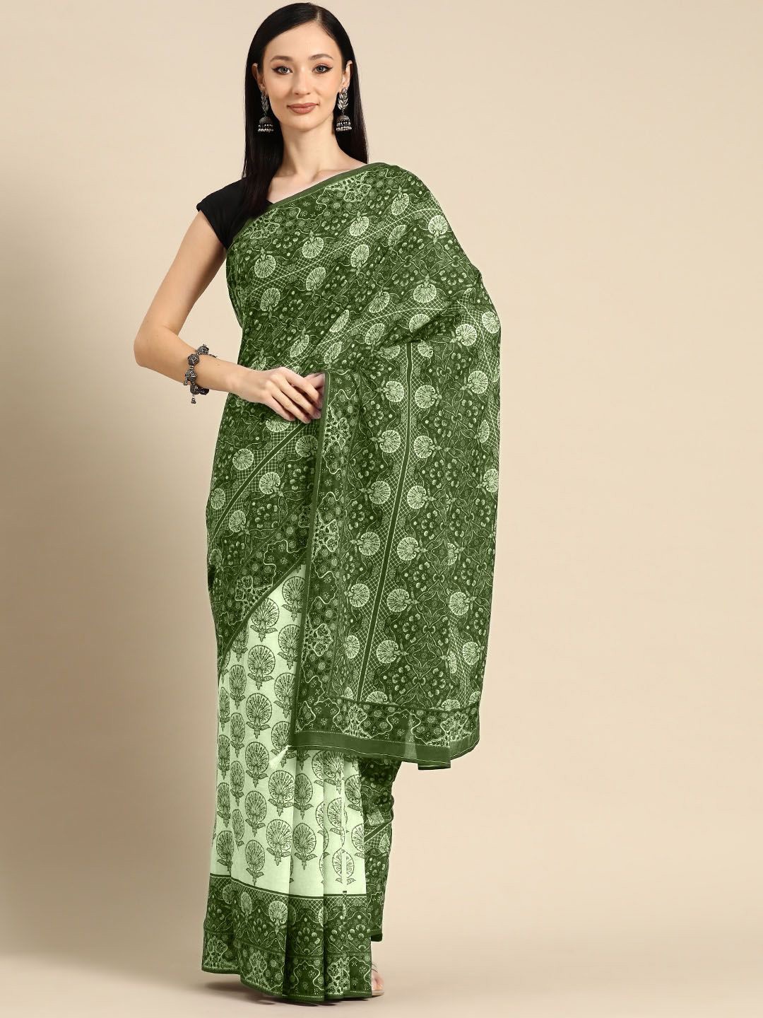 

BUTA BUTI Floral Printed Pure Cotton Saree, Green