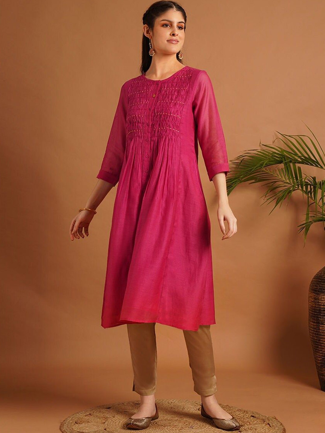 

JAYPORE Round Neck Smocked Cotton Silk A-Line Kurta, Pink