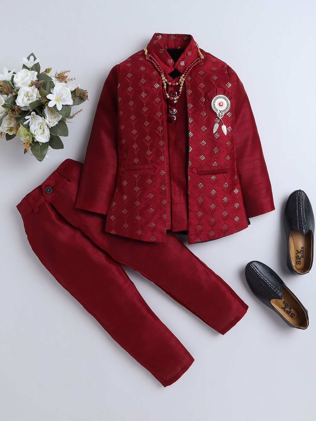 

FOURFOLDS Boys Embellished Sequinned Mandarin collar Bandhgala Blazer and Trouser & Brooch, Maroon