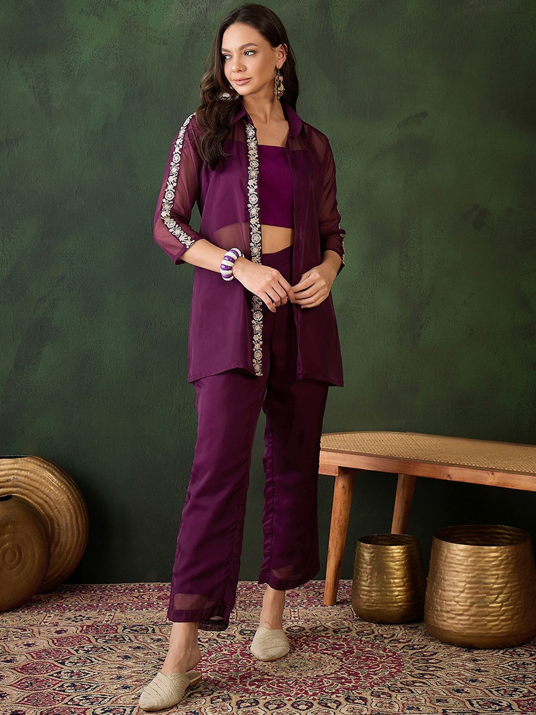 

Sangria Shoulder Strap Top, Shrug With Trouser, Purple