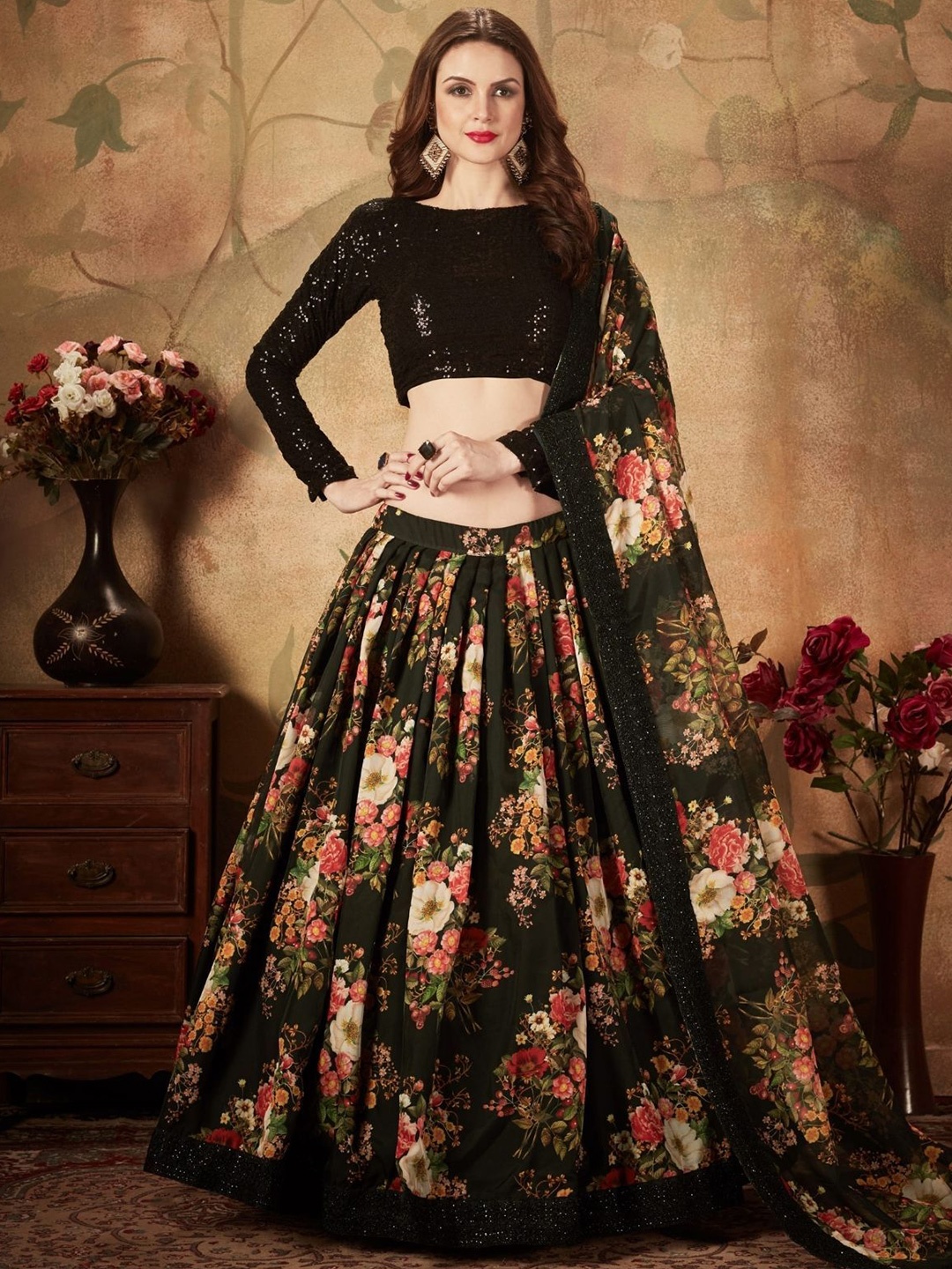 

ODETTE Embroidered Sequinned Semi-Stitched Lehenga & Blouse With Dupatta, Black