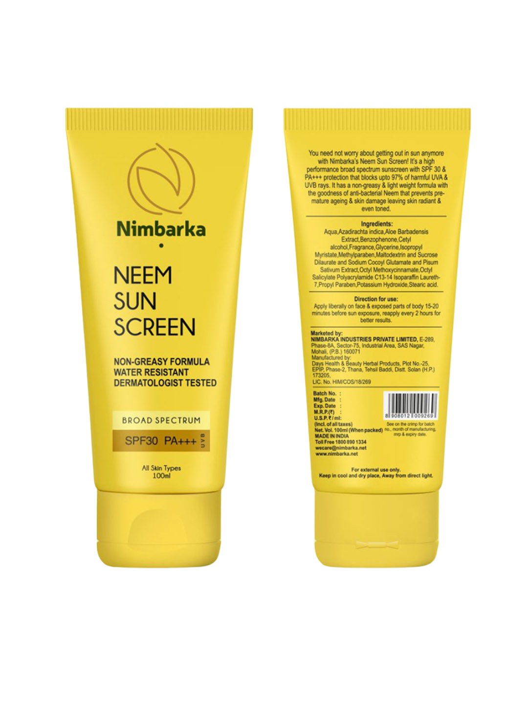 

Nimbarka Neem Sunscreen SPF 30 Broad Spectrum UV Protection - 100 ml, Yellow