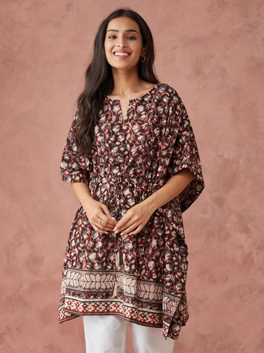 

Fabindia Women Ethnic Motifs Printed Round Neck Cotton Top, Maroon