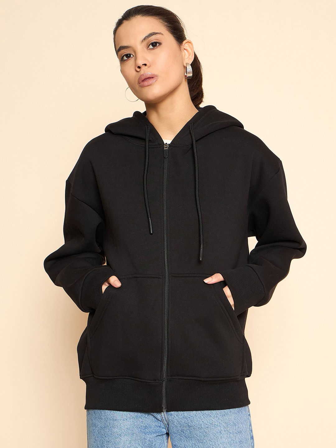 

COLOR CAPITAL Women Solid Hooded Front-Open Cotton Sweatshirt, Black