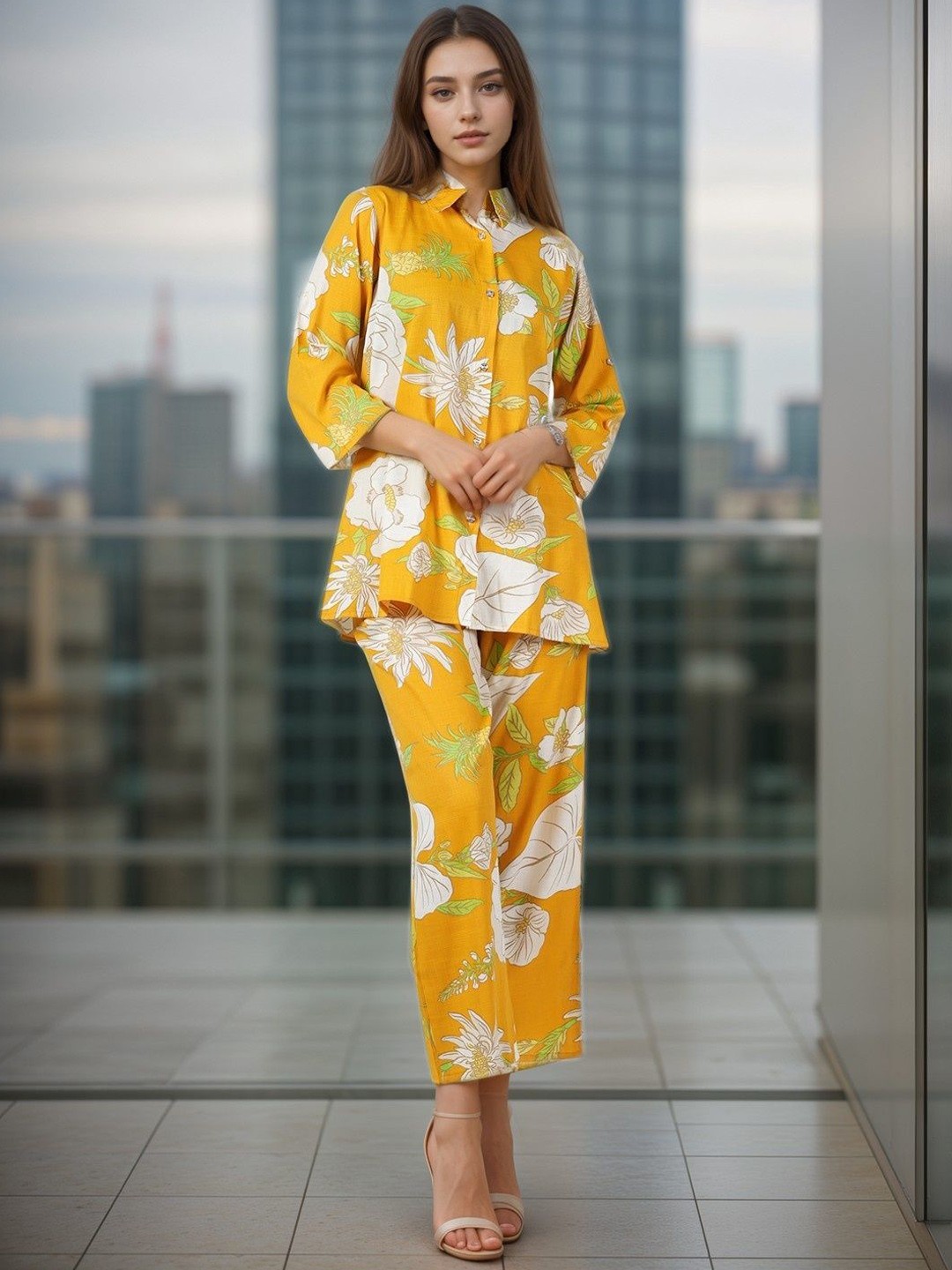 

BAESD Floral Printed Shirt With Trousers, Yellow