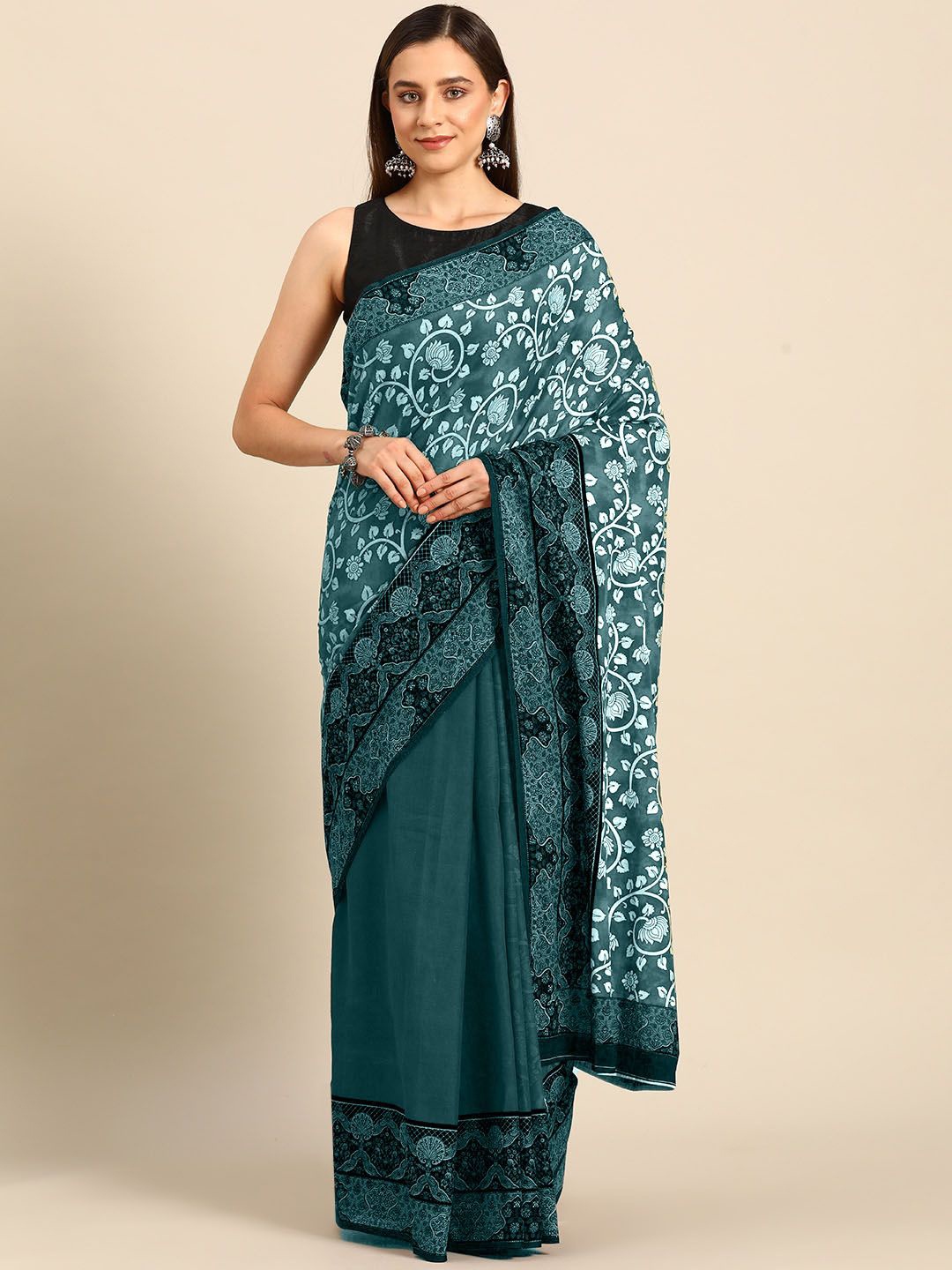

BUTA BUTI Floral Printed Pure Cotton Saree, Green
