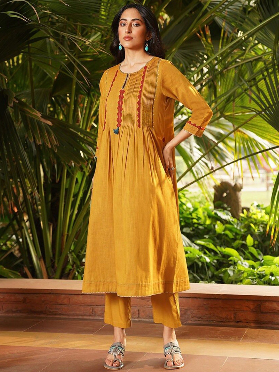 

JAYPORE Striped Embellished Thread Work Regular Pure Cotton A-Line Kurta, Mustard