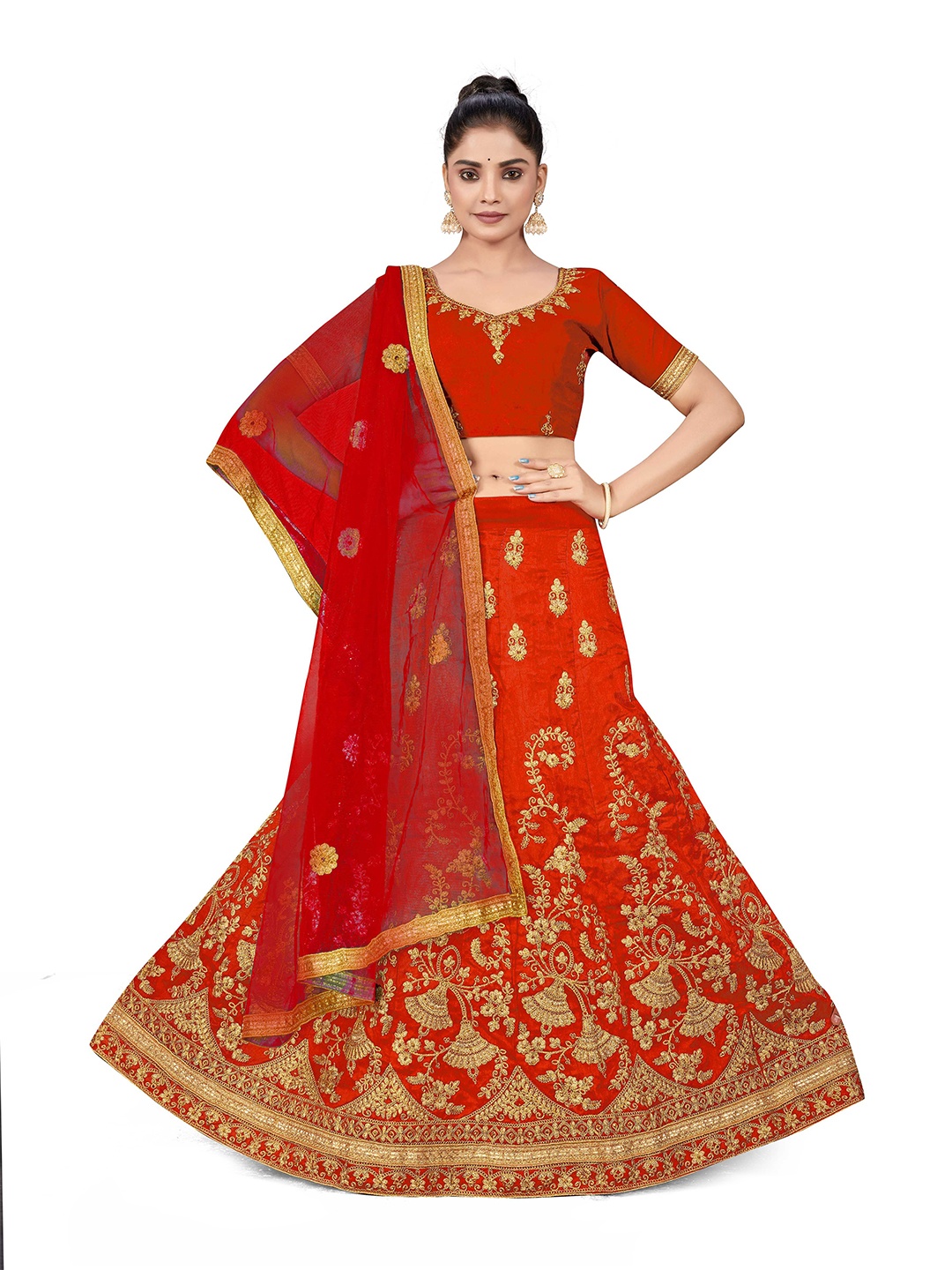 

Maroosh Embellished Thread Work Unstitched Lehenga & Blouse With Dupatta, Rust