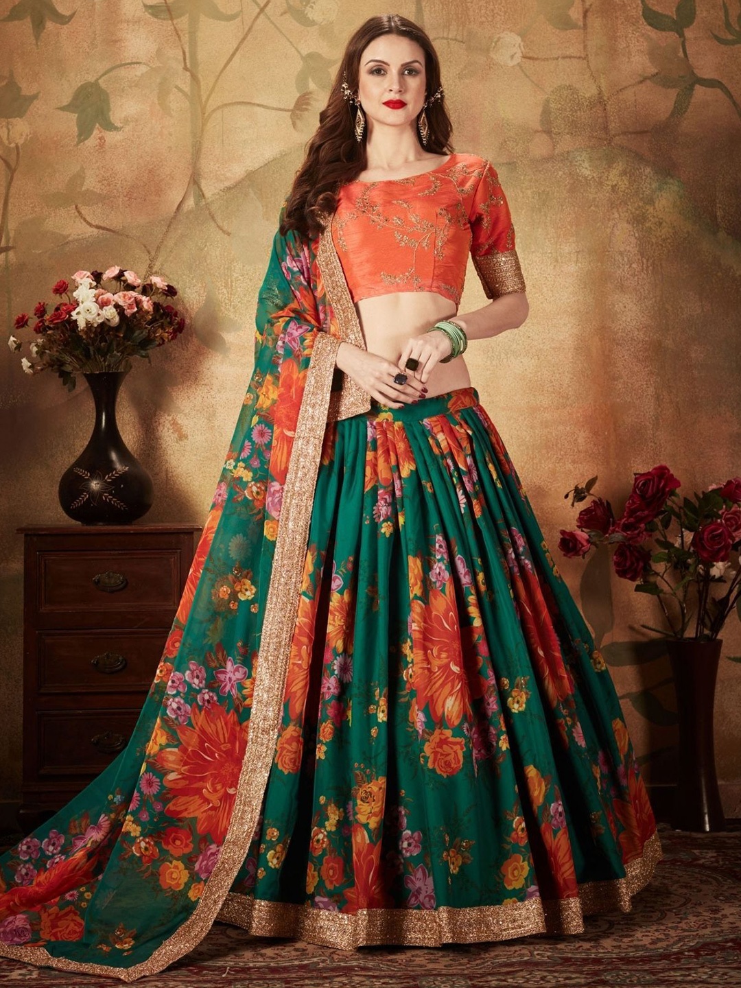 

ODETTE Embroidered Sequinned Semi-Stitched Lehenga & Blouse With Dupatta, Green
