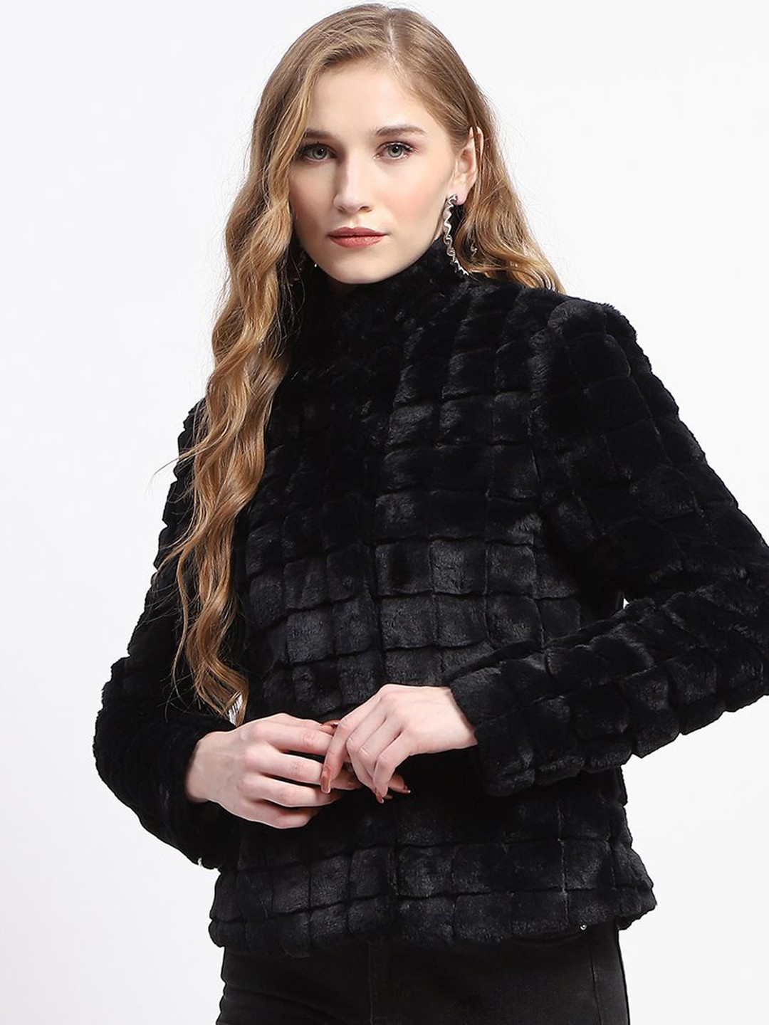 

Madame Women Self Design Mock Collar Long Sleeves Coat, Black