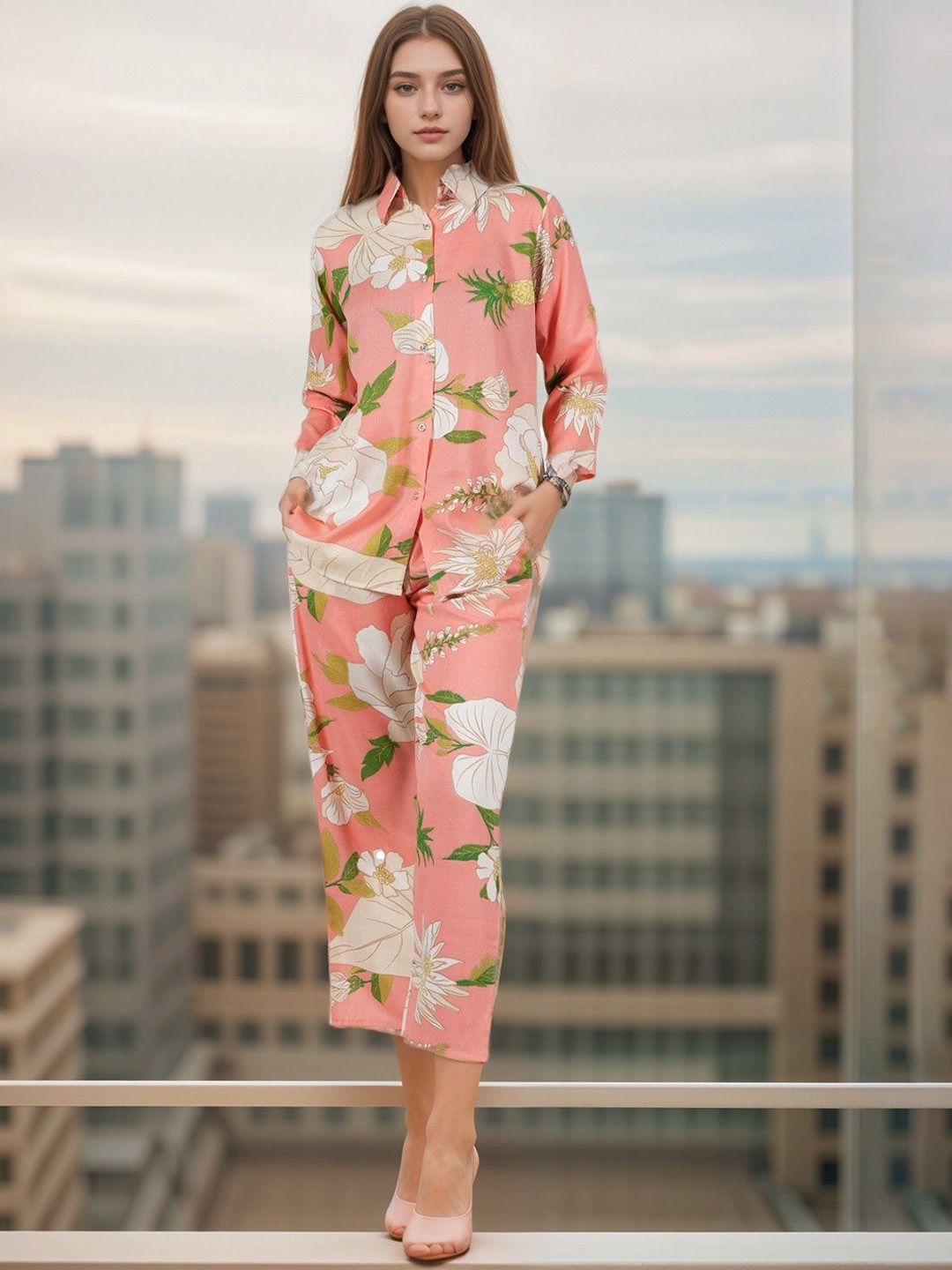 

BAESD Floral Printed Printed Shirt With Trousers, Peach