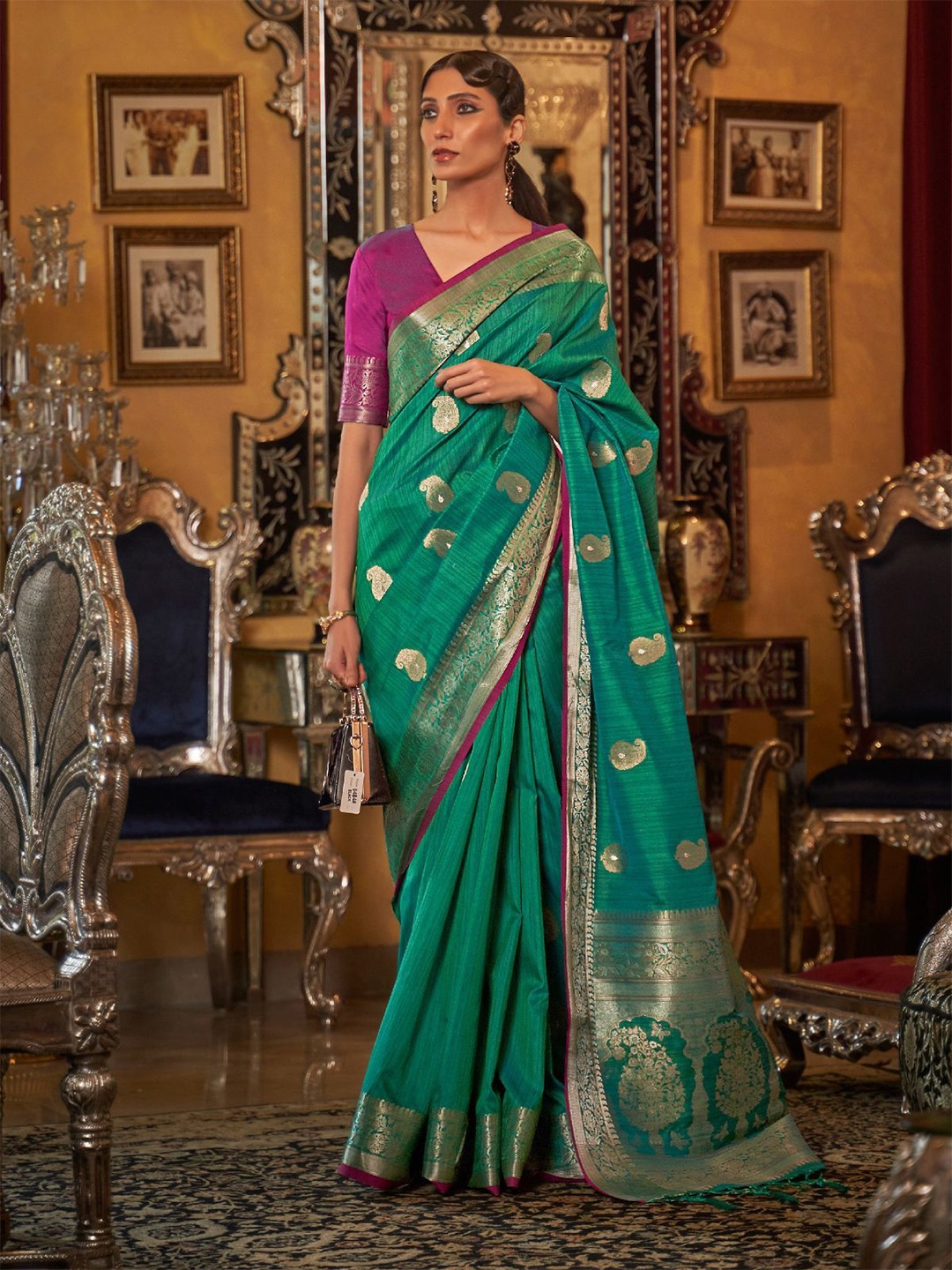 

ODETTE Woven Design Zari Saree, Green
