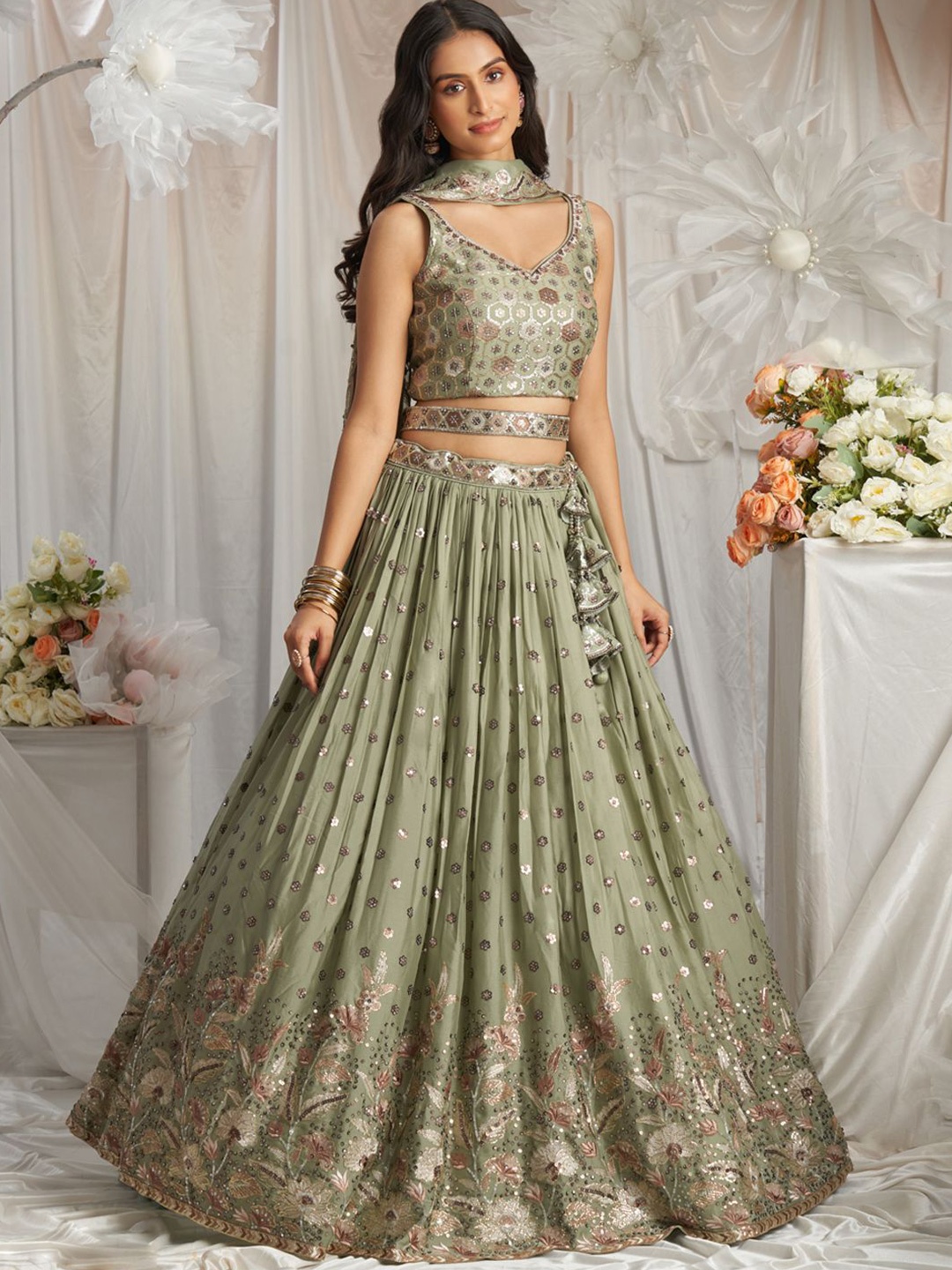 

panchhi Embroidered Sequinned Semi Stitched Lehenga & Unstitched Blouse With Dupatta, Lime green