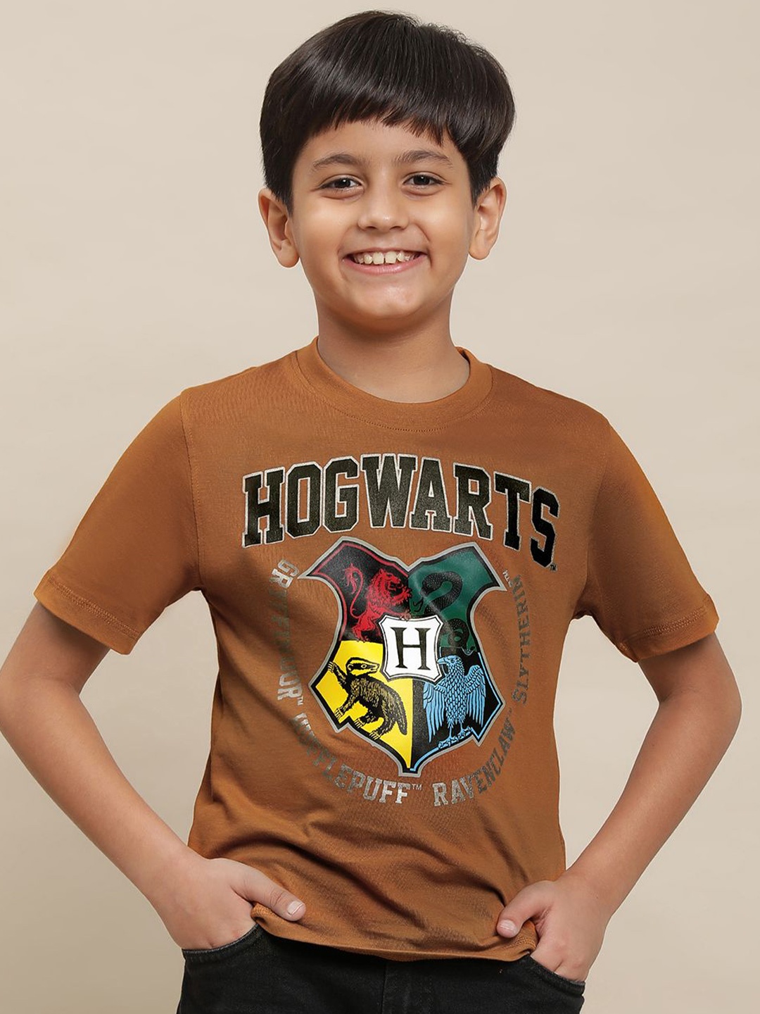 

Kids Ville Boys Hogwarts Printed Round Neck Cotton Oversized T-shirt, Brown