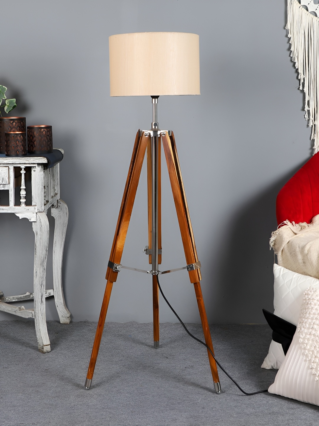 

pristine interiors Brown & Beige Wooden Tripod Floor Lamps