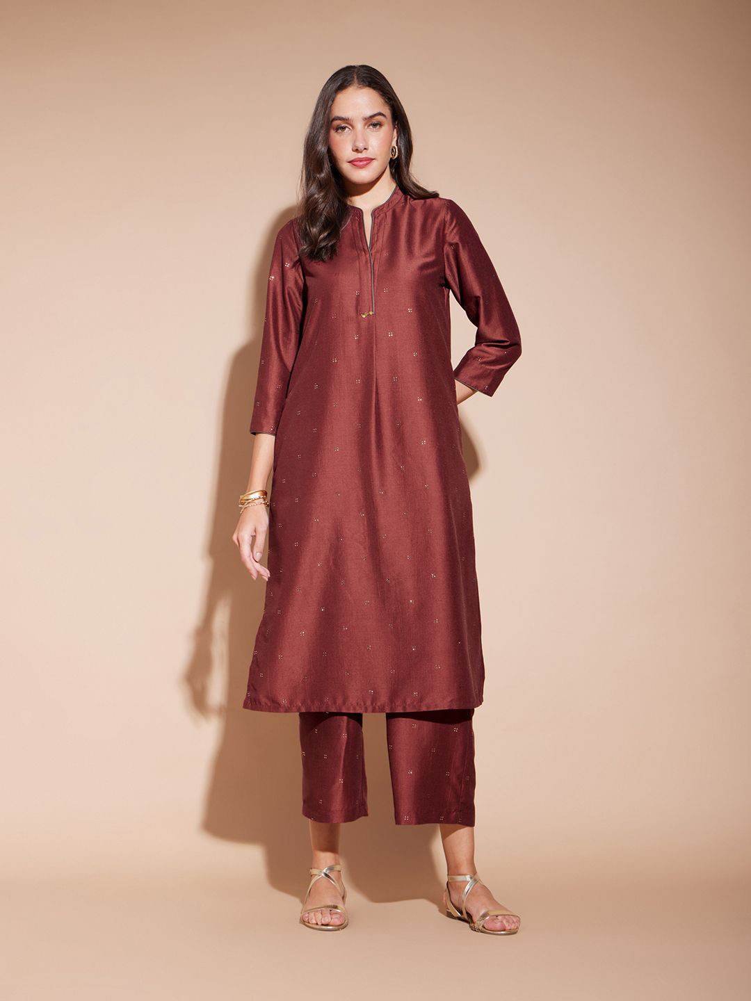 

Pink Fort Ethnic Motifs Embroidered Sequinned A-Line Kurta with Trousers, Rust