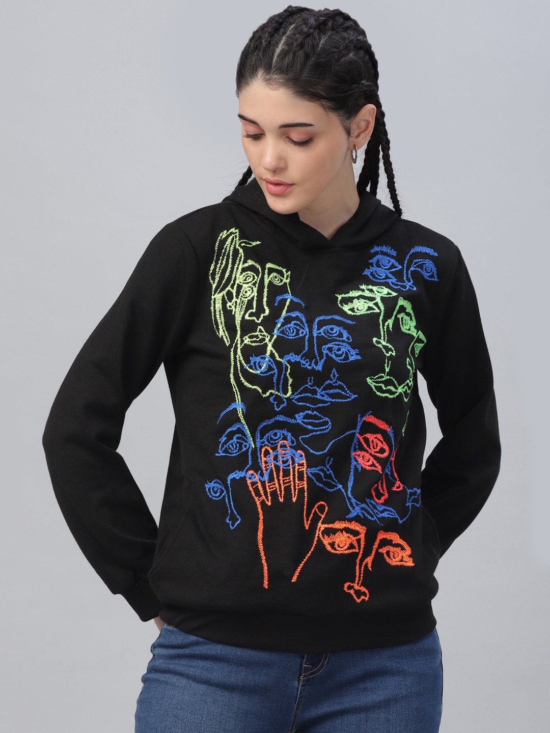 

Athena Women Front Face Embroidered Hooded Pullover Cotton Sweatshirt, Black