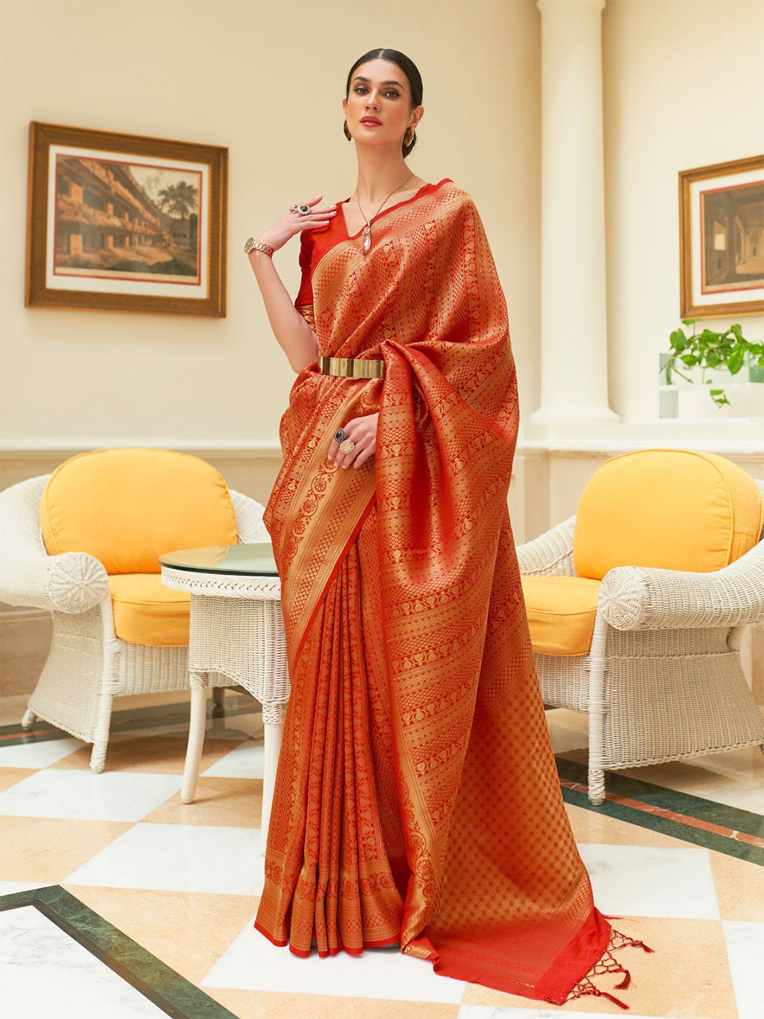 

ODETTE Woven Design Zari Saree, Orange