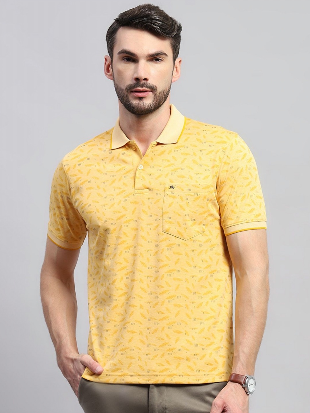 

Monte Carlo Men Floral Printed Polo Collar Cotton T-shirt, Yellow