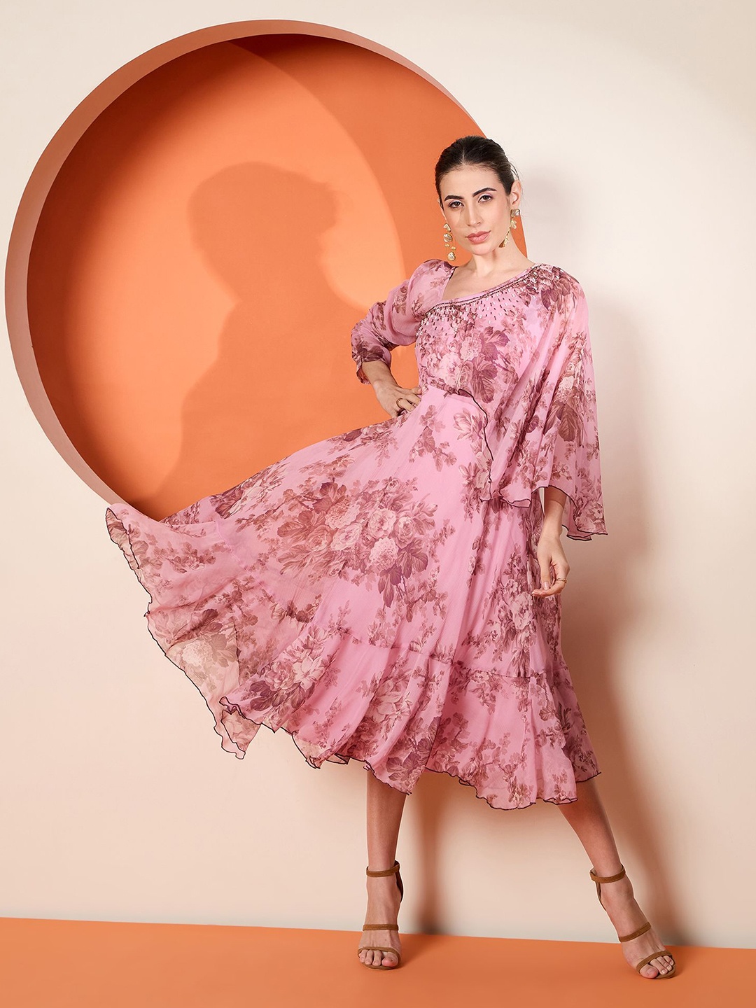 

Antheaa Women Embellished Print Flared Sleeve A-Line Midi Dress, Pink