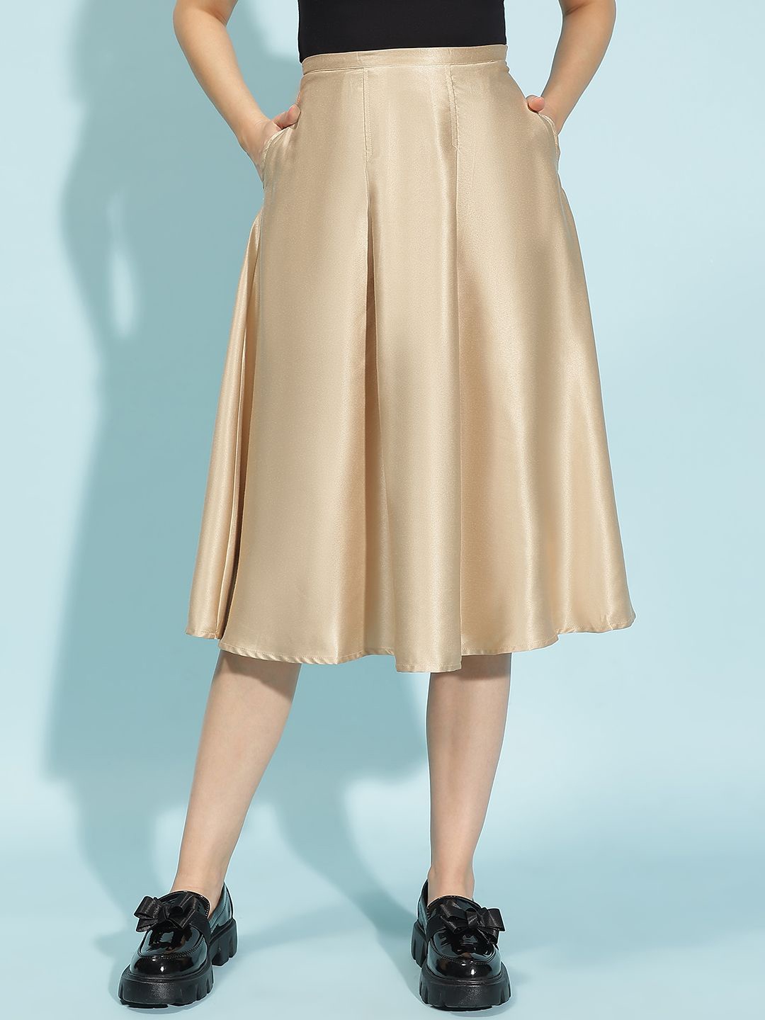 

Oxolloxo Women Pleated Flared Satin Midi Skirt, Beige