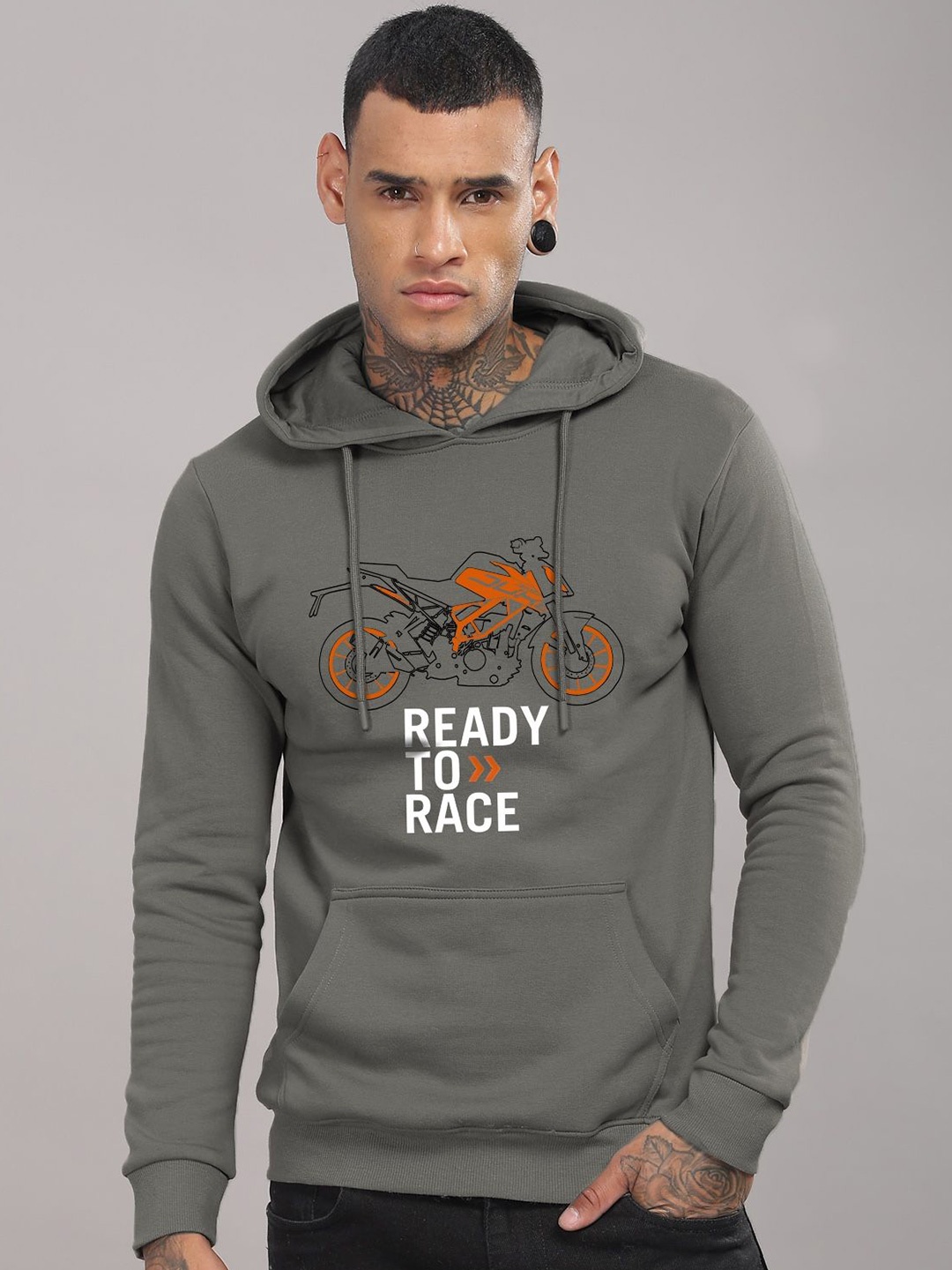 

ADRO Men Printed Hooded Pure Cotton Sweatshirt, Grey