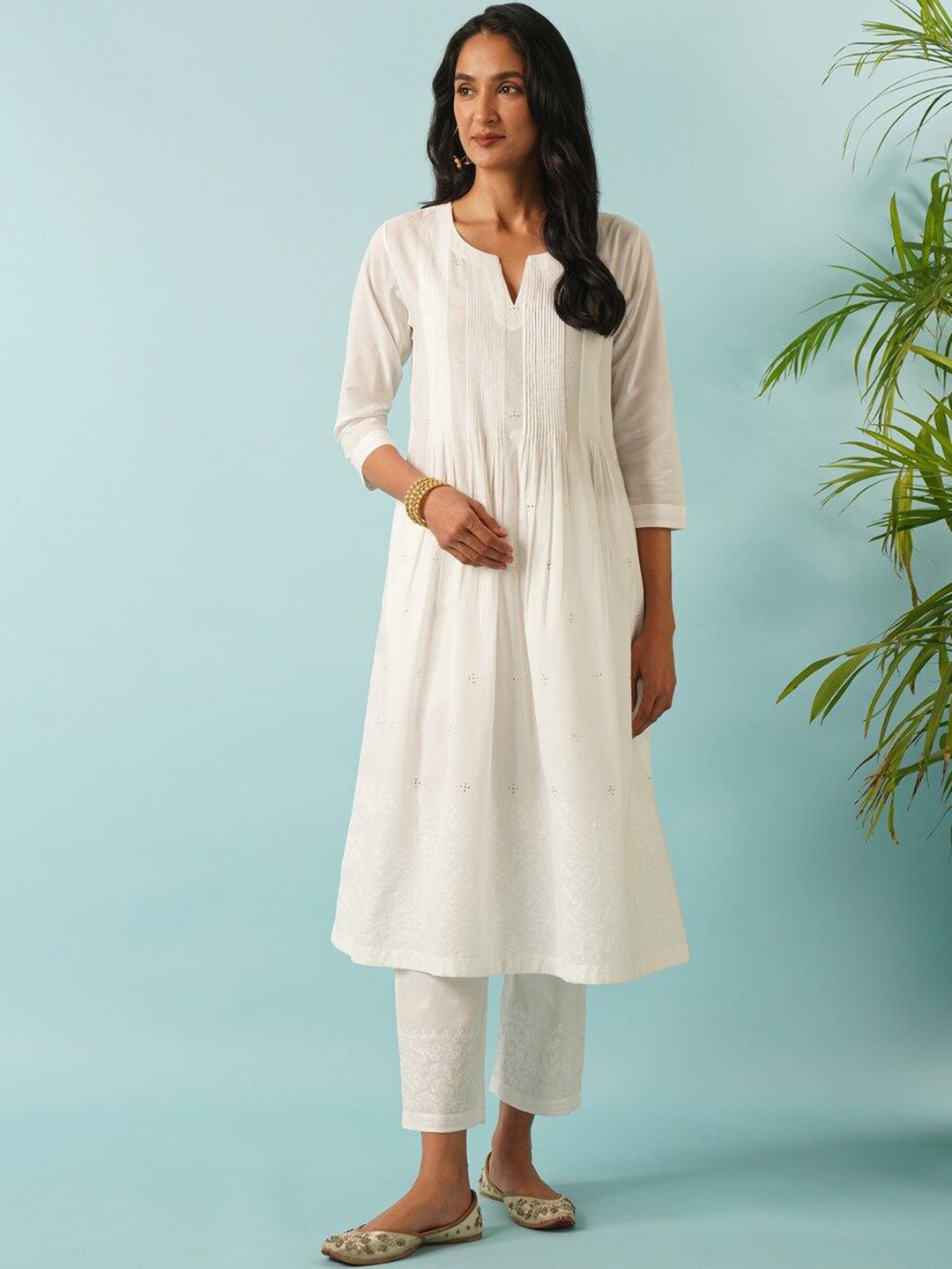 

JAYPORE Sequinned A-Line Cotton Kurta, White