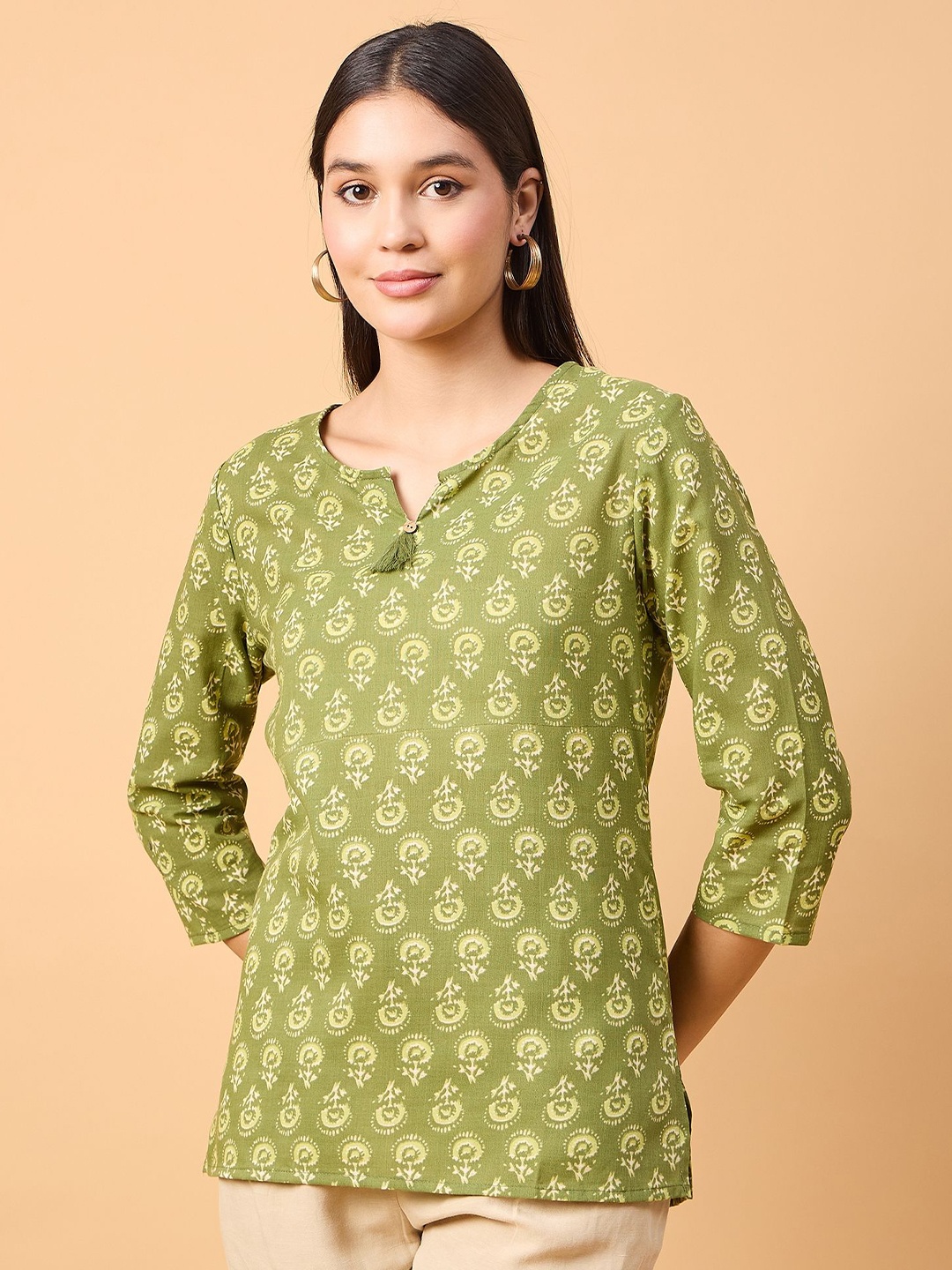 

NEESH Women Ethnic Motifs Printed Tie-Up Neck Top, Olive