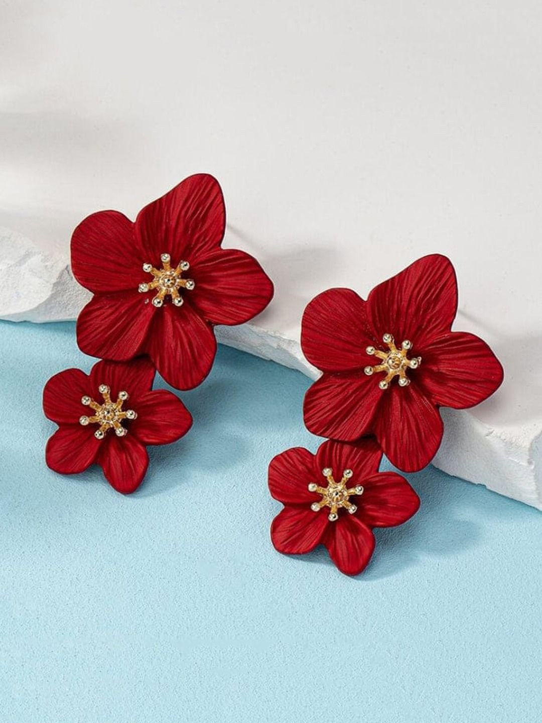 

FIMBUL Stainless Steel Rhodium-Plated Floral Drop Earrings, Red