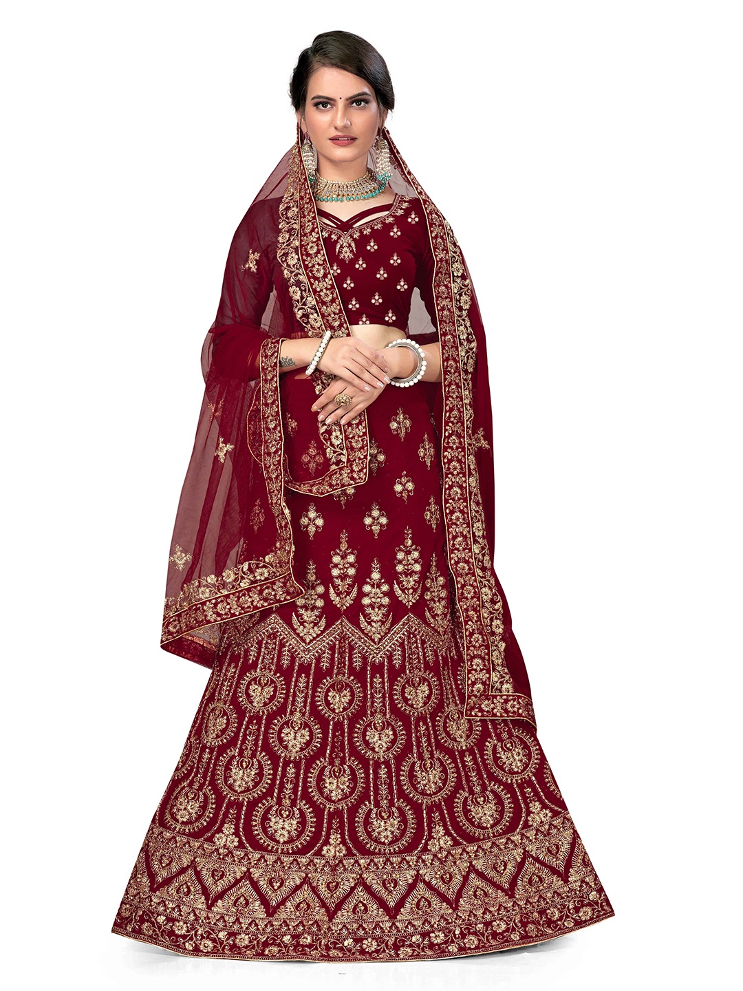 

Maroosh Embellished Thread Work Unstitched Lehenga & Blouse With Dupatta, Maroon