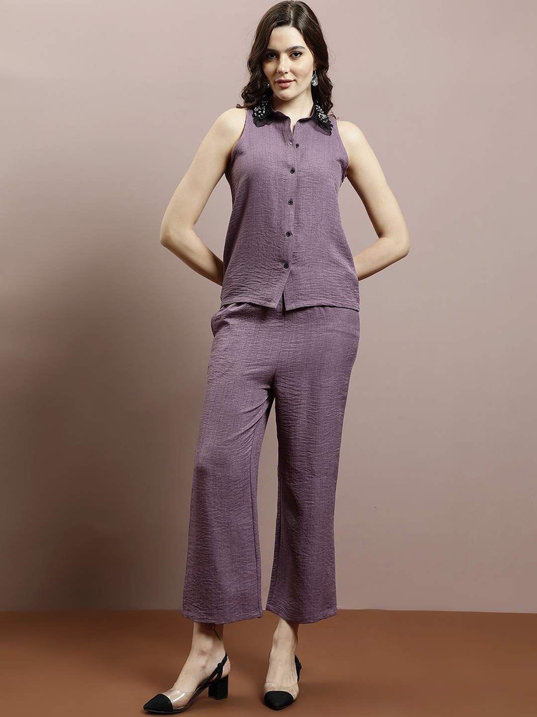 

Athena Embellished Linen Shirt With Trousers, Purple