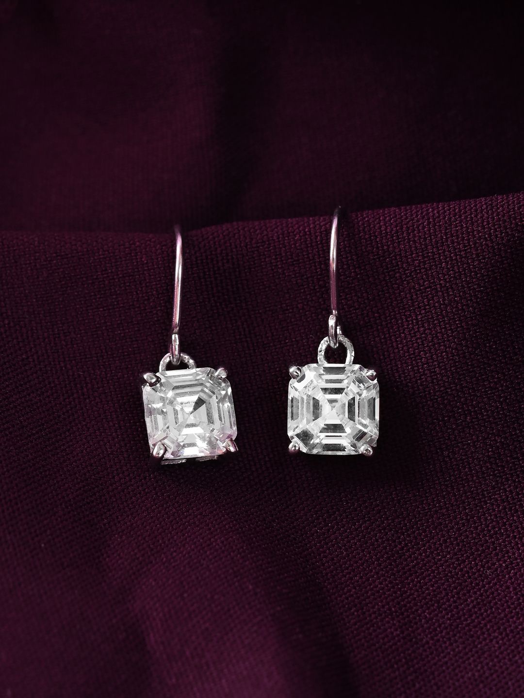

Clara 925 Sterling Silver Rhodium-Plated CZ Studded Asscher Solitaire Drop Earrings
