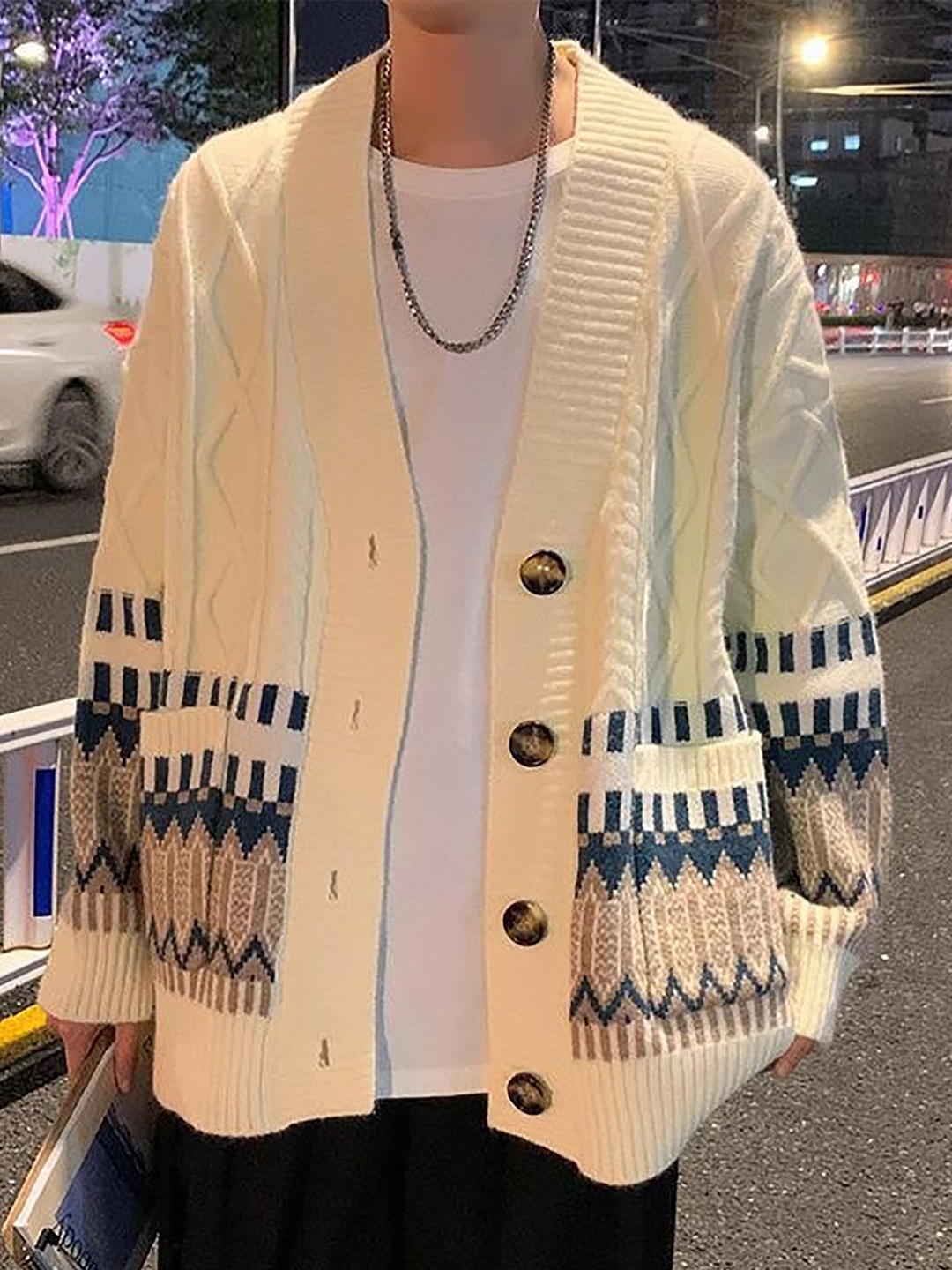 

StyleCast x Revolte Men Cable Knit Cardigan, Beige