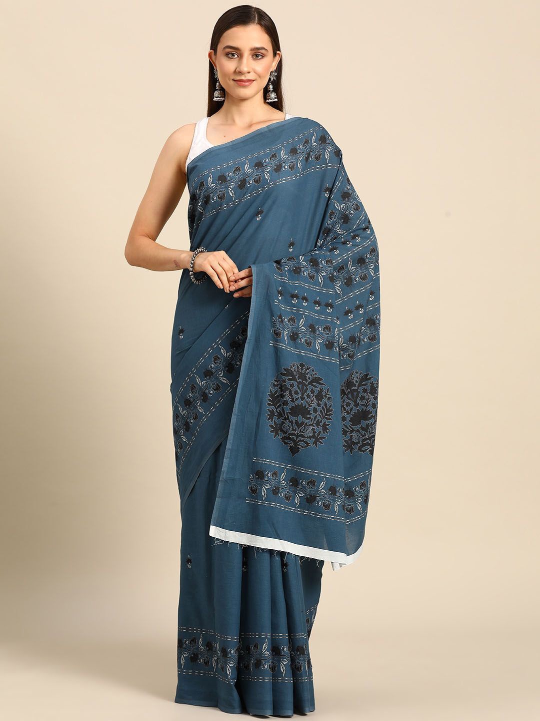 

BUTA BUTI Floral Pure Cotton Saree, Black