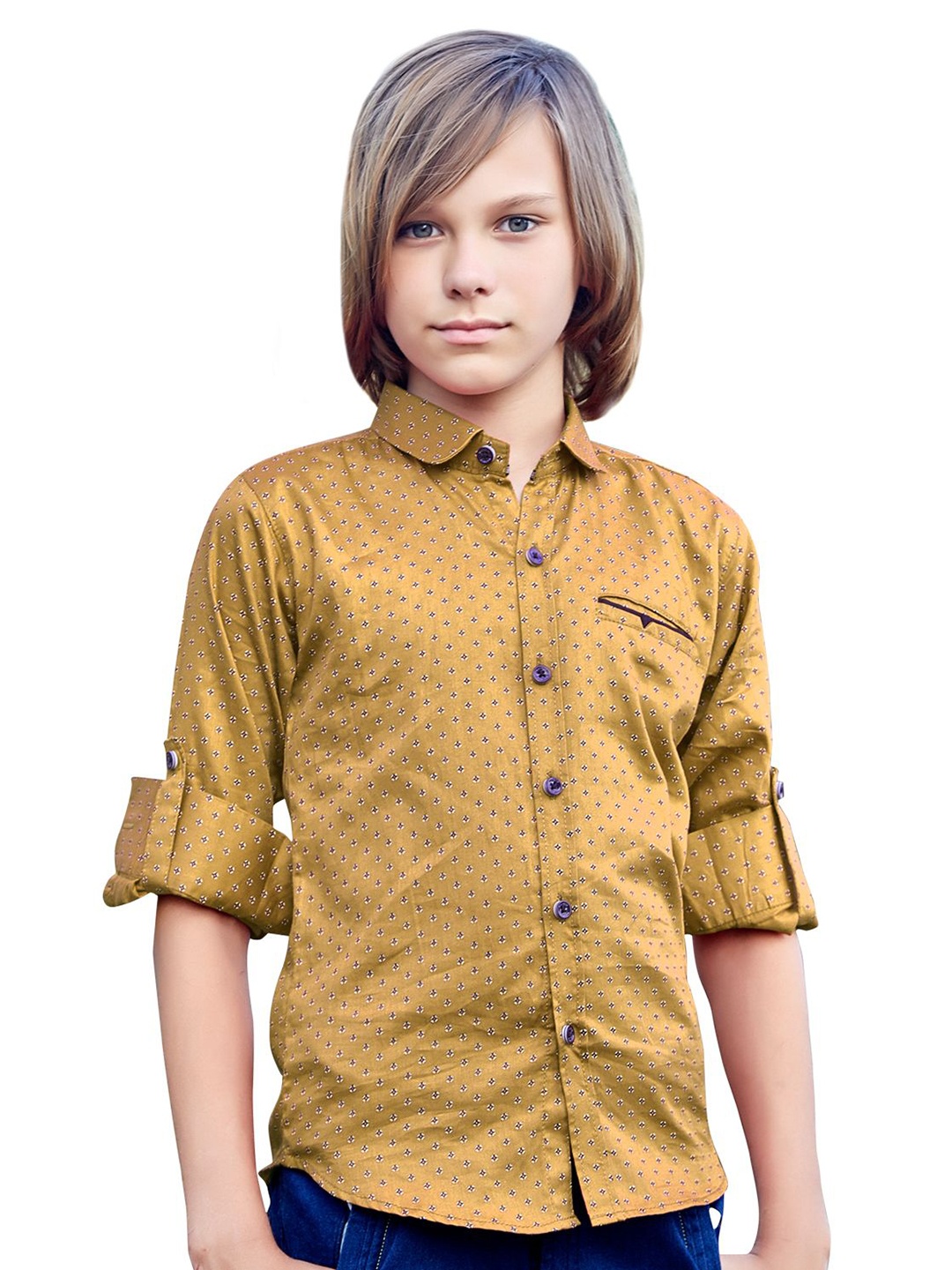 

MashUp Boys Classic Spread Collar Conversational Printed Cotton Casual Shirt, Yellow