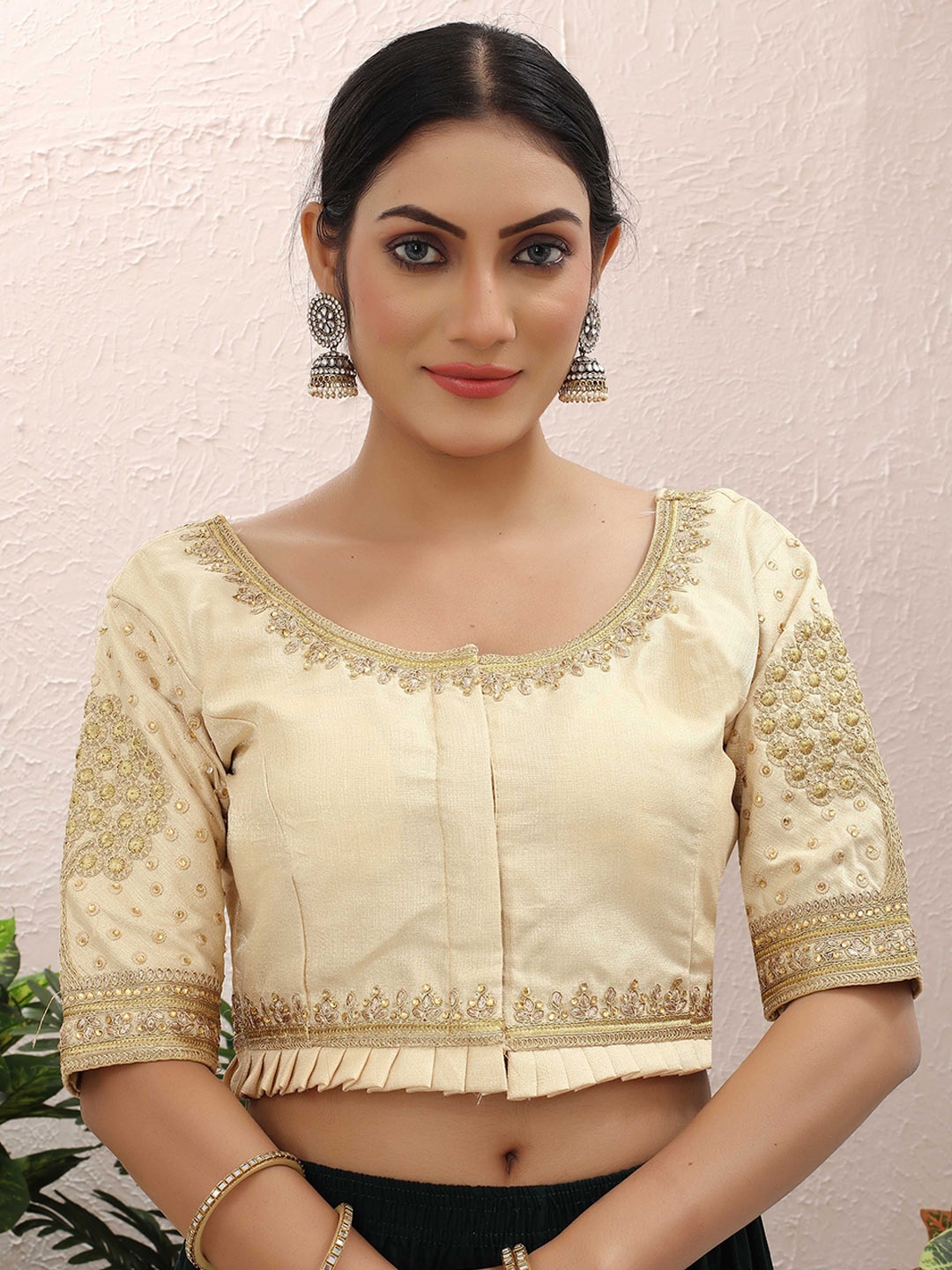 

Krimmple Embroidered Stone and Beads Saree Blouse, Cream