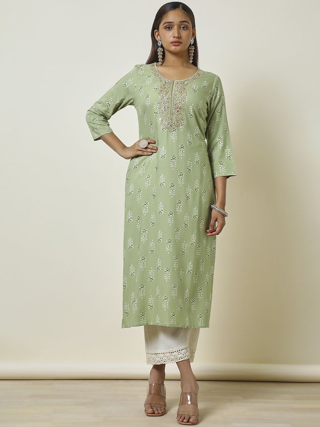 

Soch Green Ethnic Motifs Embroidered Round Neck Zari Straight Kurta