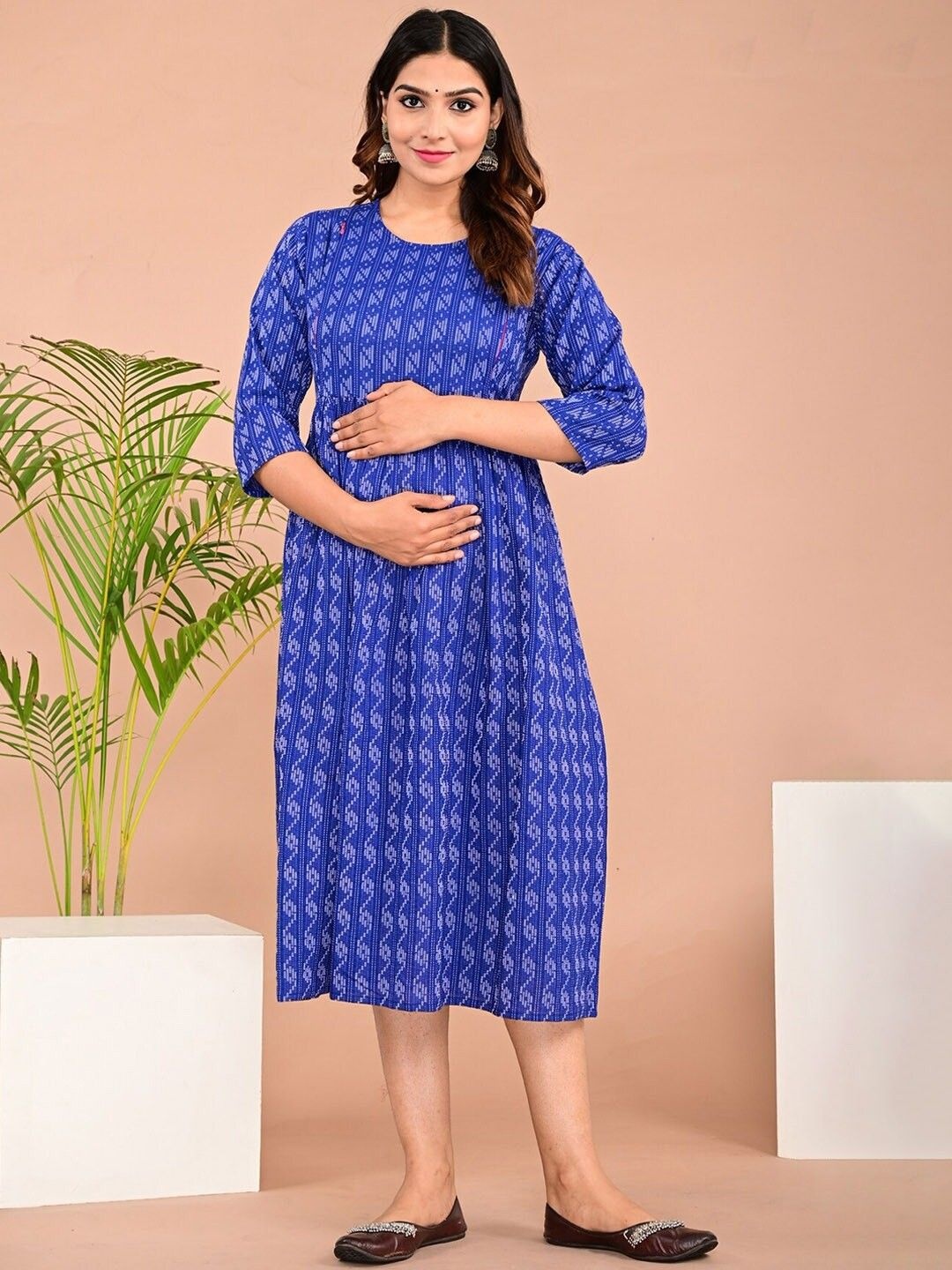 

Badrika Ethnic Motifs Printed Gathered Anarkali Maternity Dress, Blue