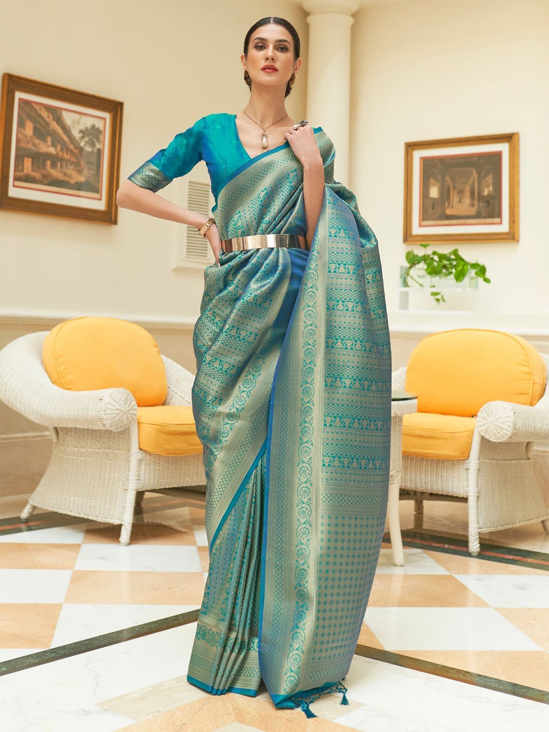 

ODETTE Woven Design Zari Saree, Teal