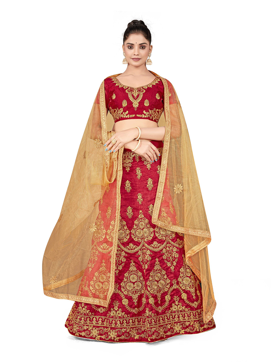 

Maroosh Embroidered Thread Work Silk Semi-Stitched Lehenga & Blouse With Dupatta, Maroon