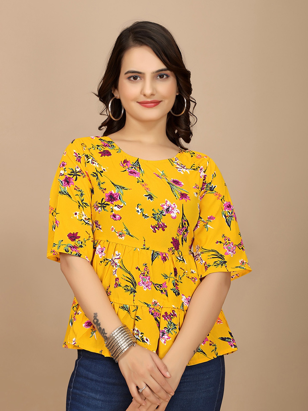 

BAESD Women Floral Printed Round Neck Top, Yellow