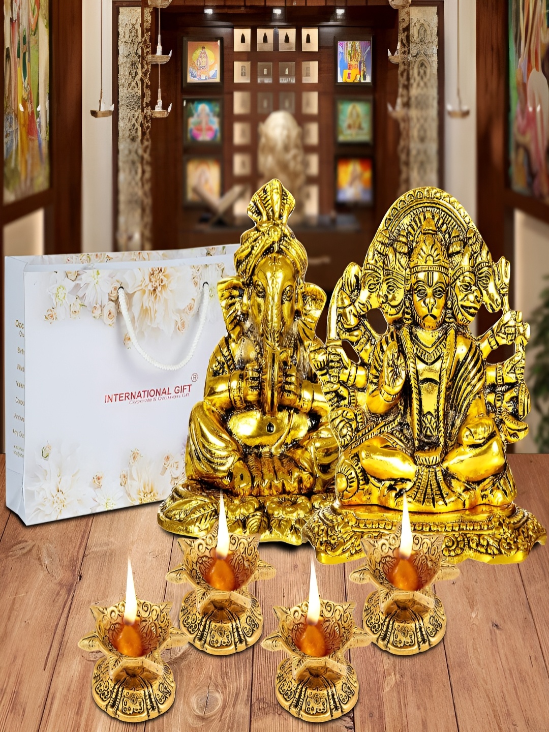 

INTERNATIONAL GIFT Gold-Toned 7 Pieces Religious Idol Showpiece With Diyas & Box