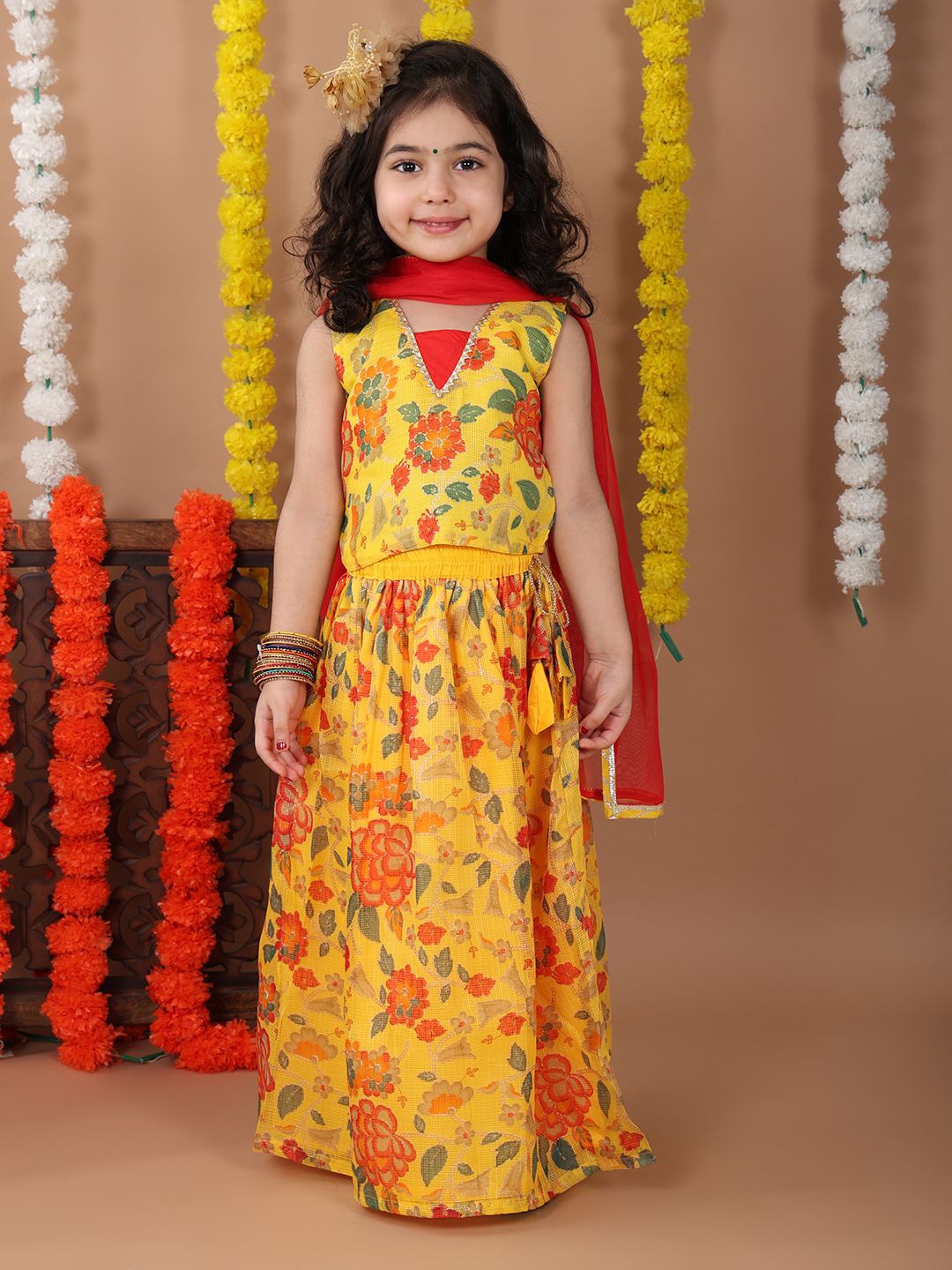 

Sangria Girls Floral Printed Gotta Patti Ready to Wear Cotton Lehenga With Choli & Dupatta, Yellow