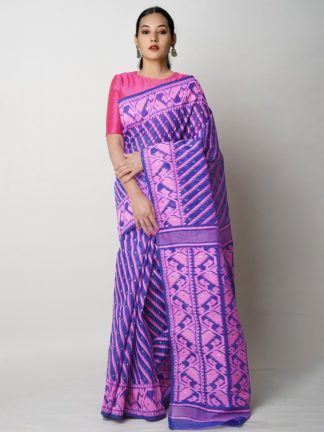 

Unnati Silks Ethnic Motifs Printed Pure Cotton Handloom Jamdani Saree, Blue
