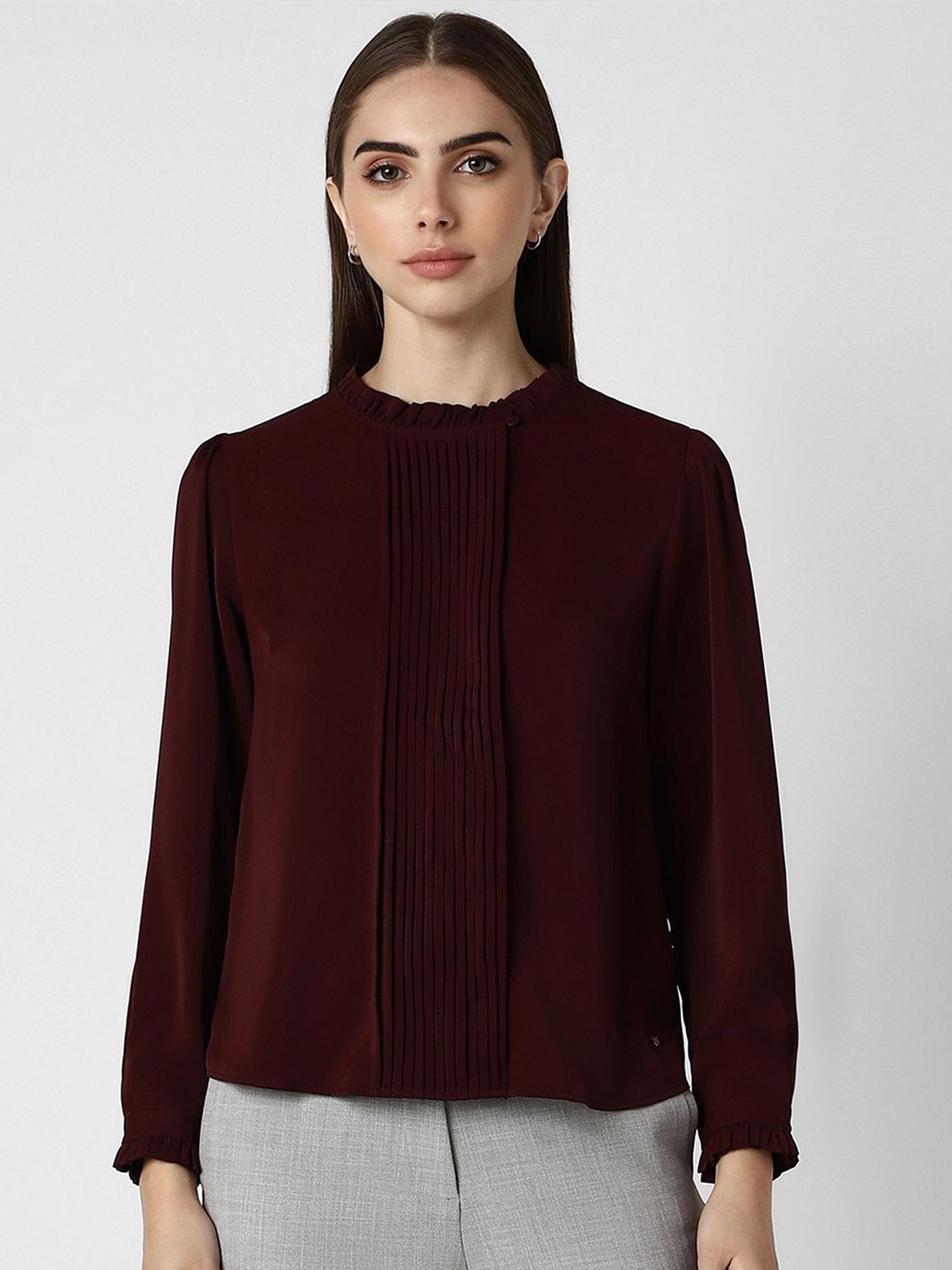 

Van Heusen Woman Solid Accordion Pleated Shirt Style Top, Maroon